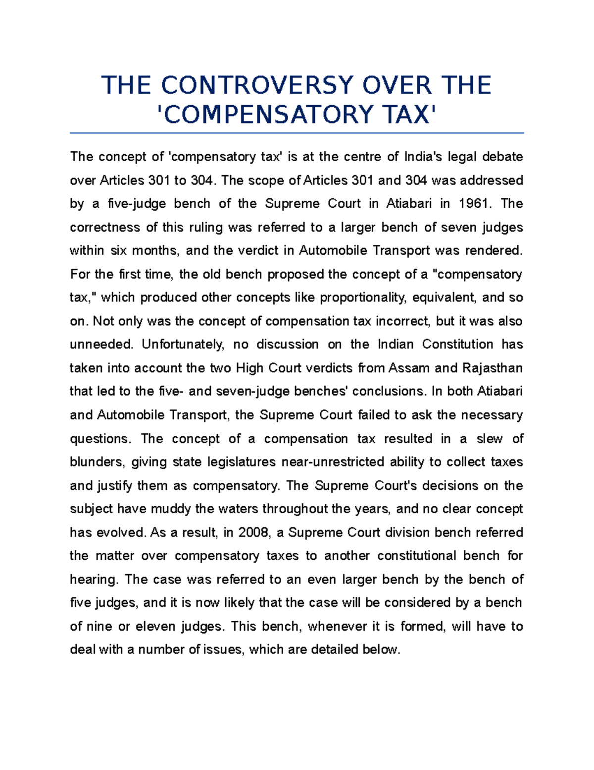 THE Controversy OVER THE ' Compensatory TAX' - THE CONTROVERSY OVER THE ...