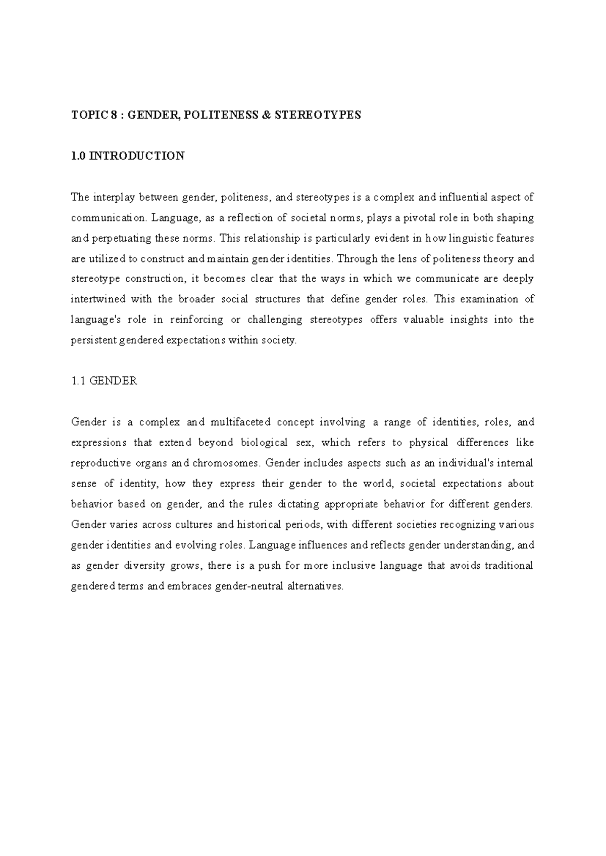 Topical Report: Gender, Politeness & Stereotypes Analysis - Studocu