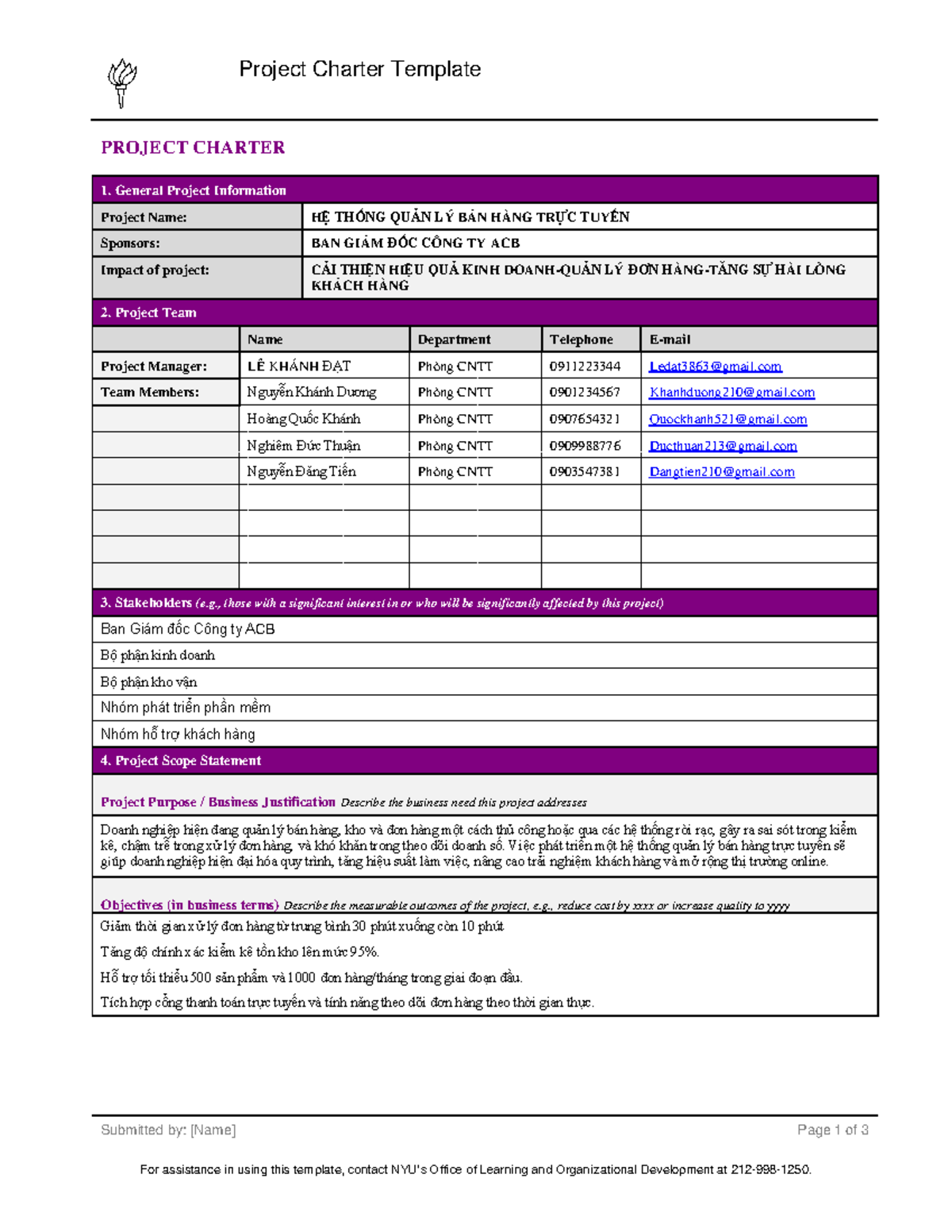 Project Charter Template for Hệ Thống Quản Lý Bán Hàng Trực Tuyến - Studocu