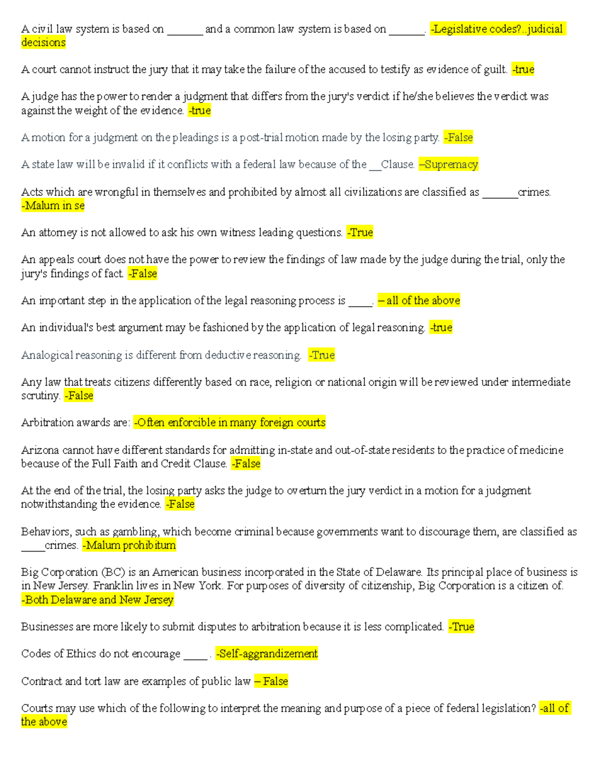 BUL 3310 Practice Qs for Test 1 - Legal Principles and Concepts - Studocu