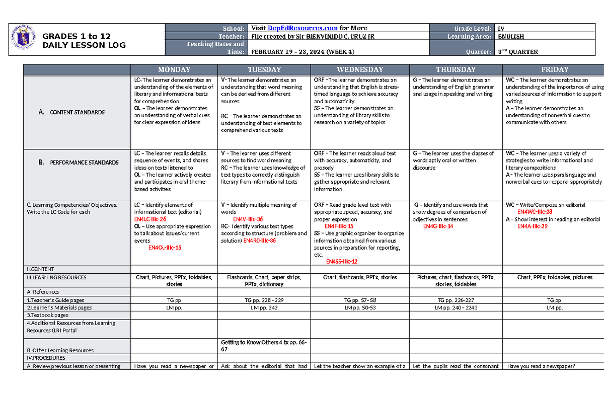 DLL English 4 Q3 W4 - Daily Lesson Log for Week 4 Activities - Studocu