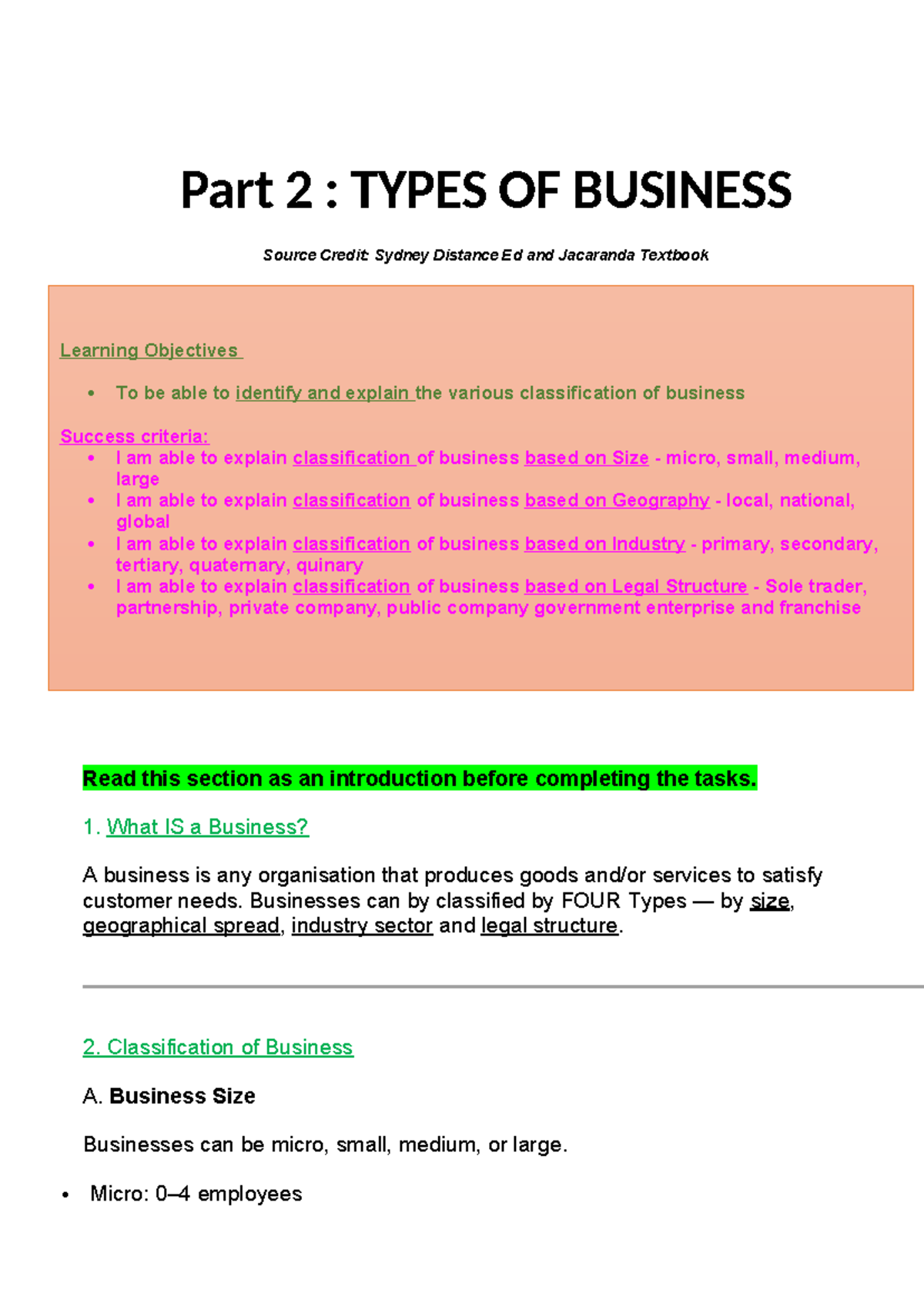 Types of Business: Classification and Legal Structures (BUS101) - Studocu