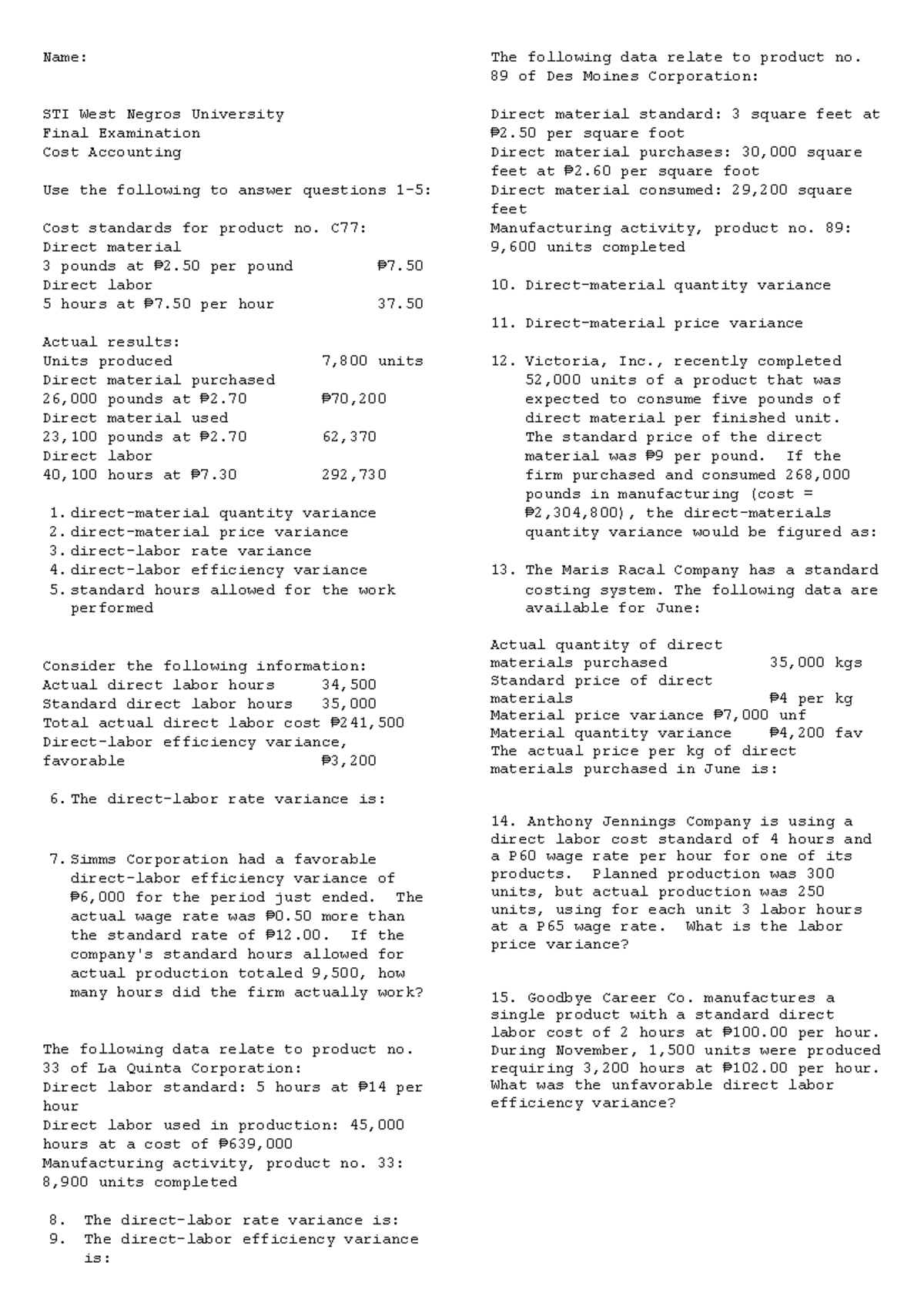 BSA Cost Accounting Final Exam Review for Product Variance Analysis ...