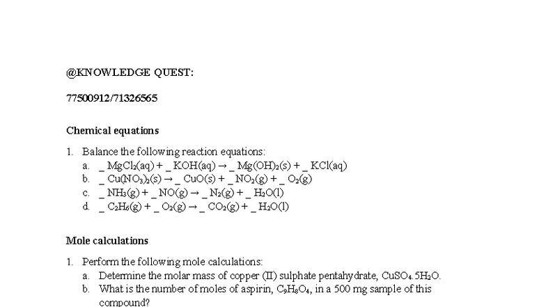 CHEM 101: Mastering Chemical Equations and Mole Calculations - Studocu
