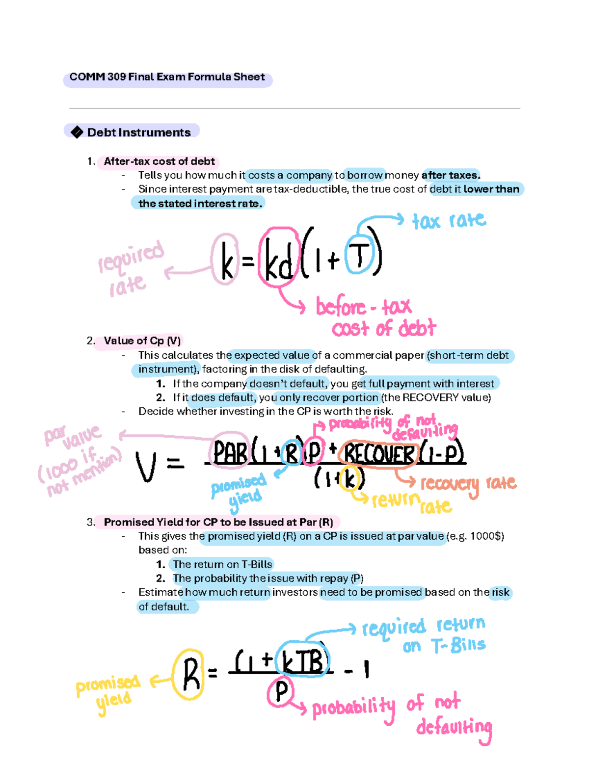 COMM 309 Final Exam Formula Sheet: Key Concepts on Debt Instruments ...