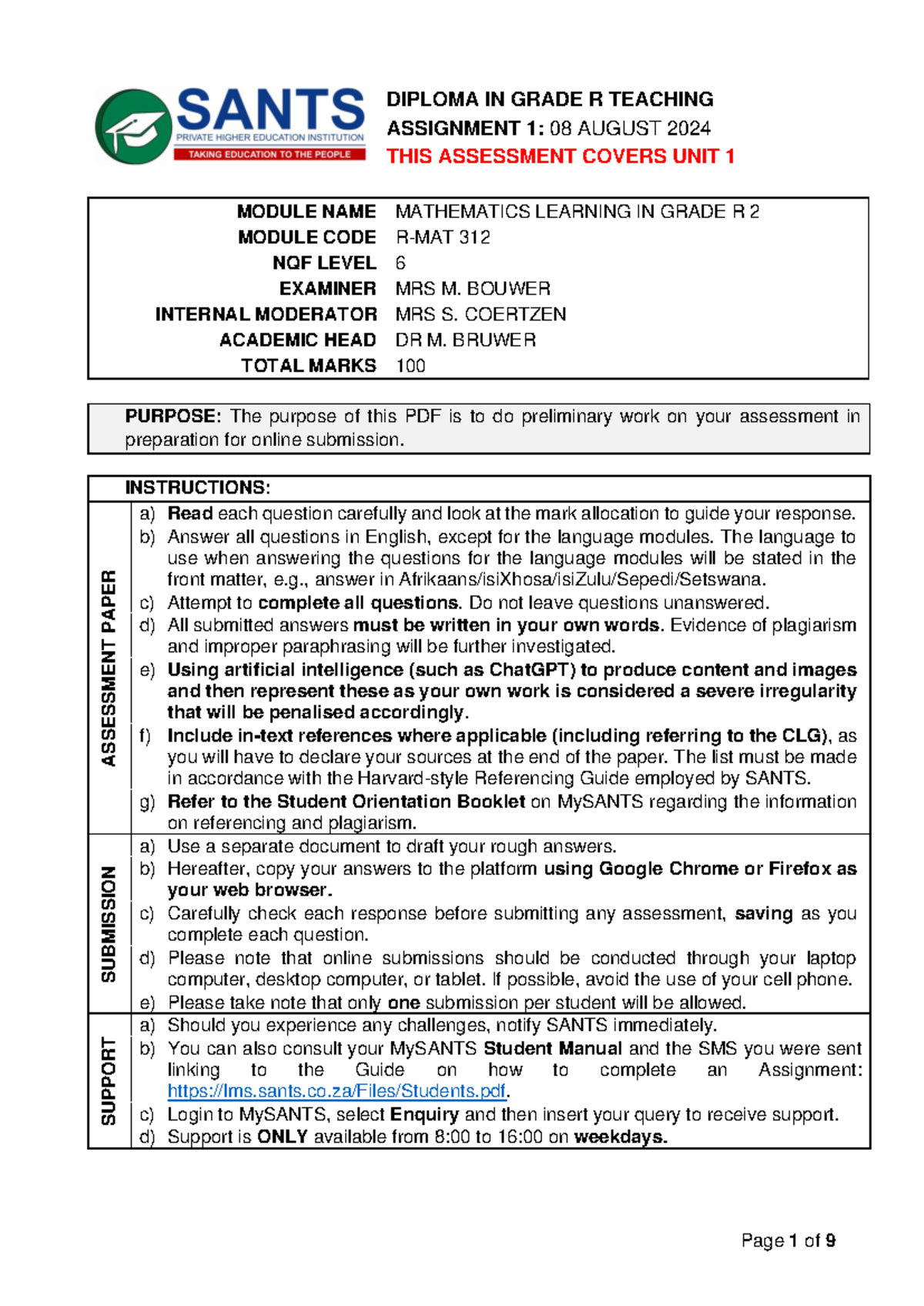 Mathematics Learning Assessment for Grade R - R-MAT 312 Assignment ...