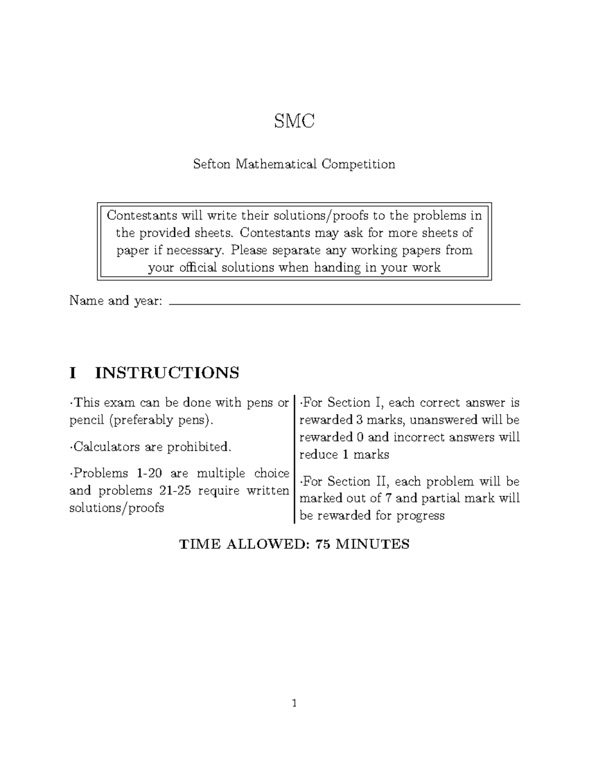SMC Sefton Mathematical Competition - First Exam Instructions and ...