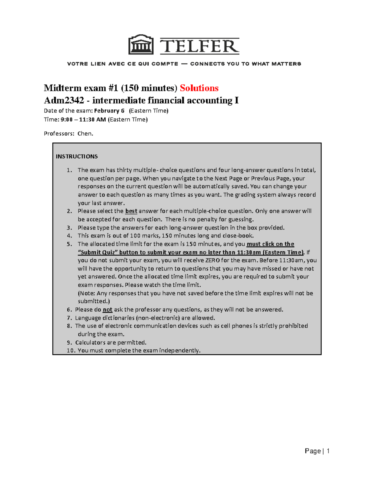 Midterm 8 September Winter 2019, questions and answers - Midterm exam ...