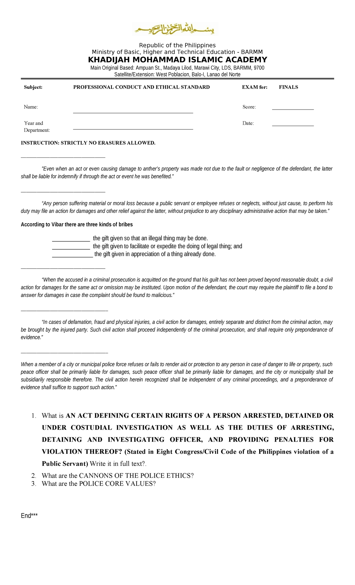 CRIM 4 Professional Conduct and Ethical Standards Exam - Finals - Studocu