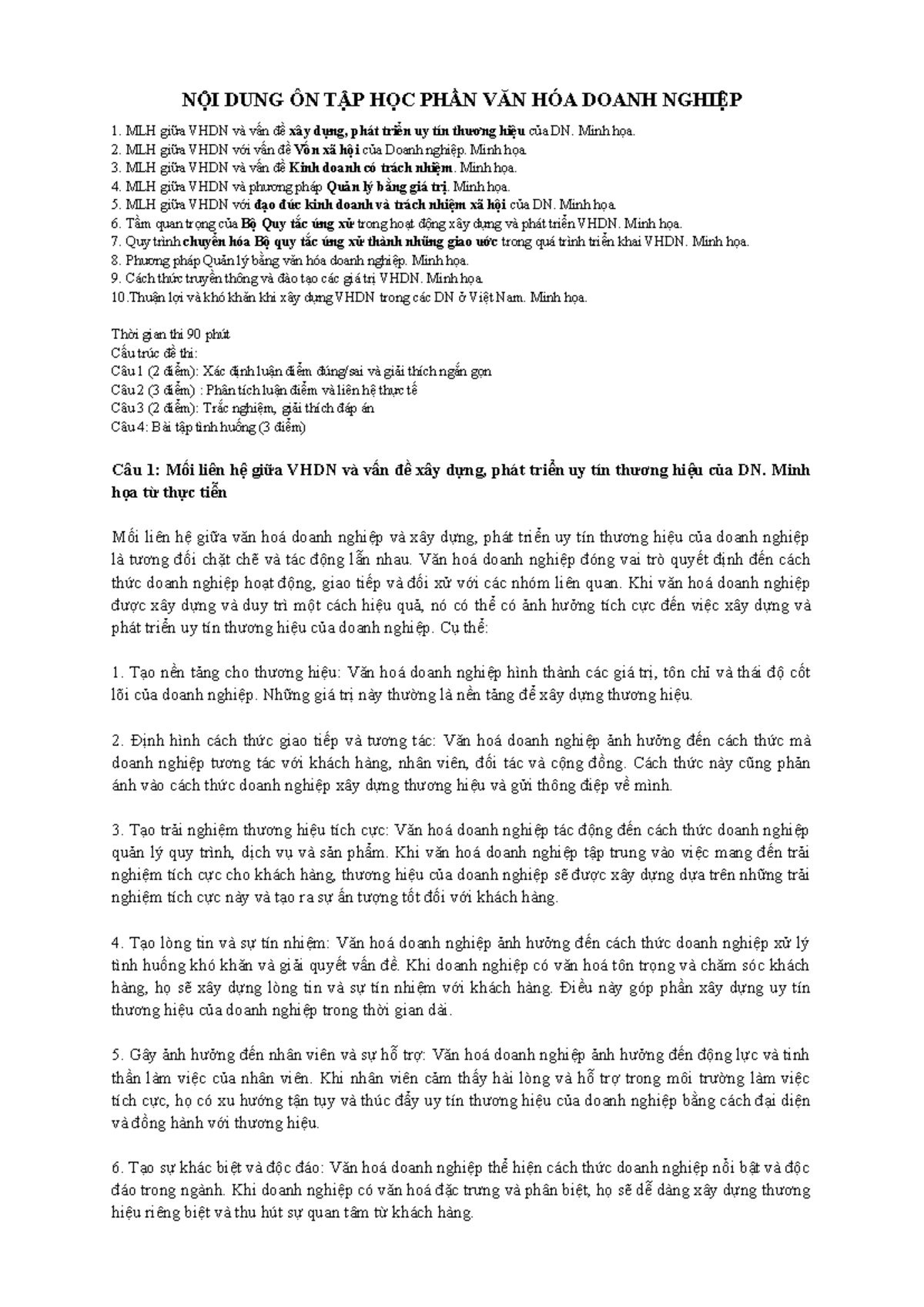 VĂN HÓA DOANH NGHIỆP - ÔN TẬP HỌC PHẦN VÀ CẤU TRÚC ĐỀ THI - Document Preview