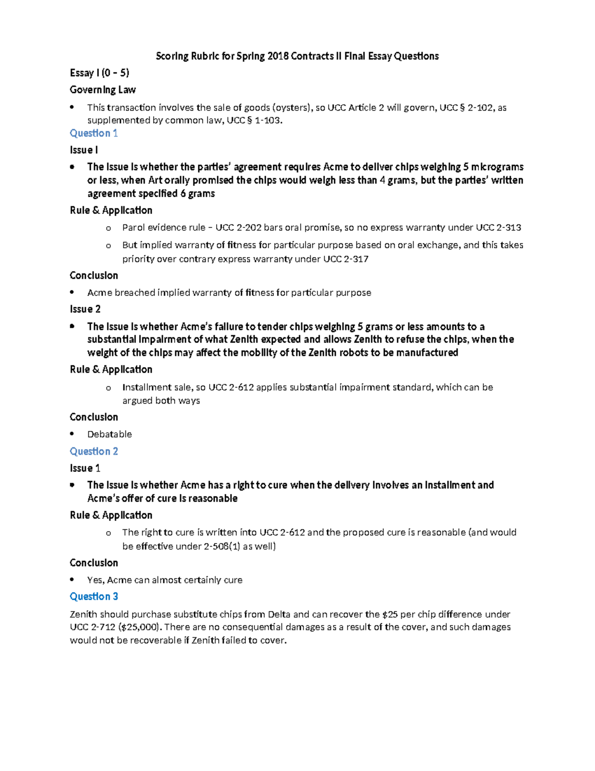 Contracts II Final Exam - Spring 2018 Essay Answers and Analysis - Studocu