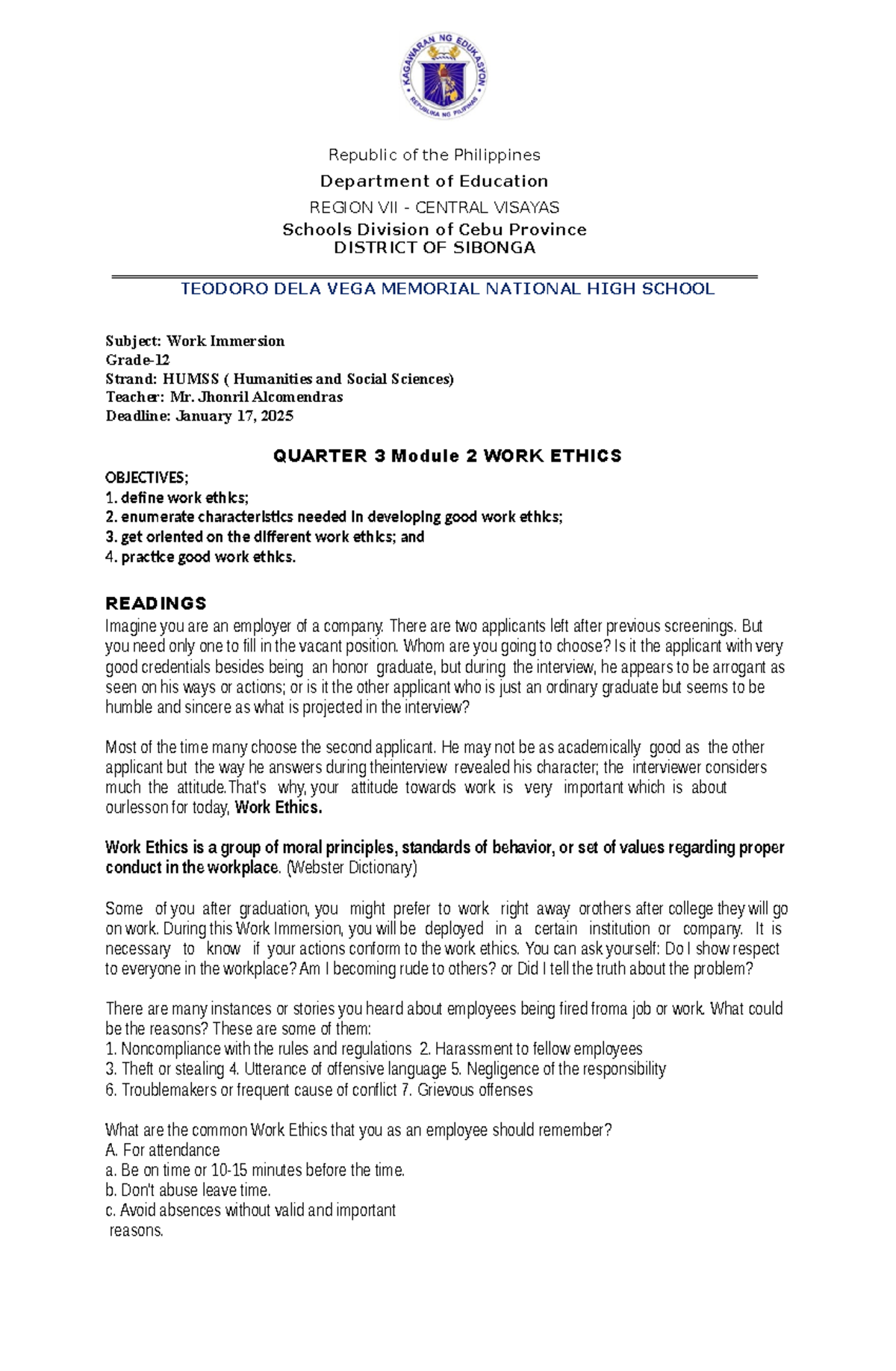 Workimmersion Q3M2 - Work Immersion Module - Republic of the ...