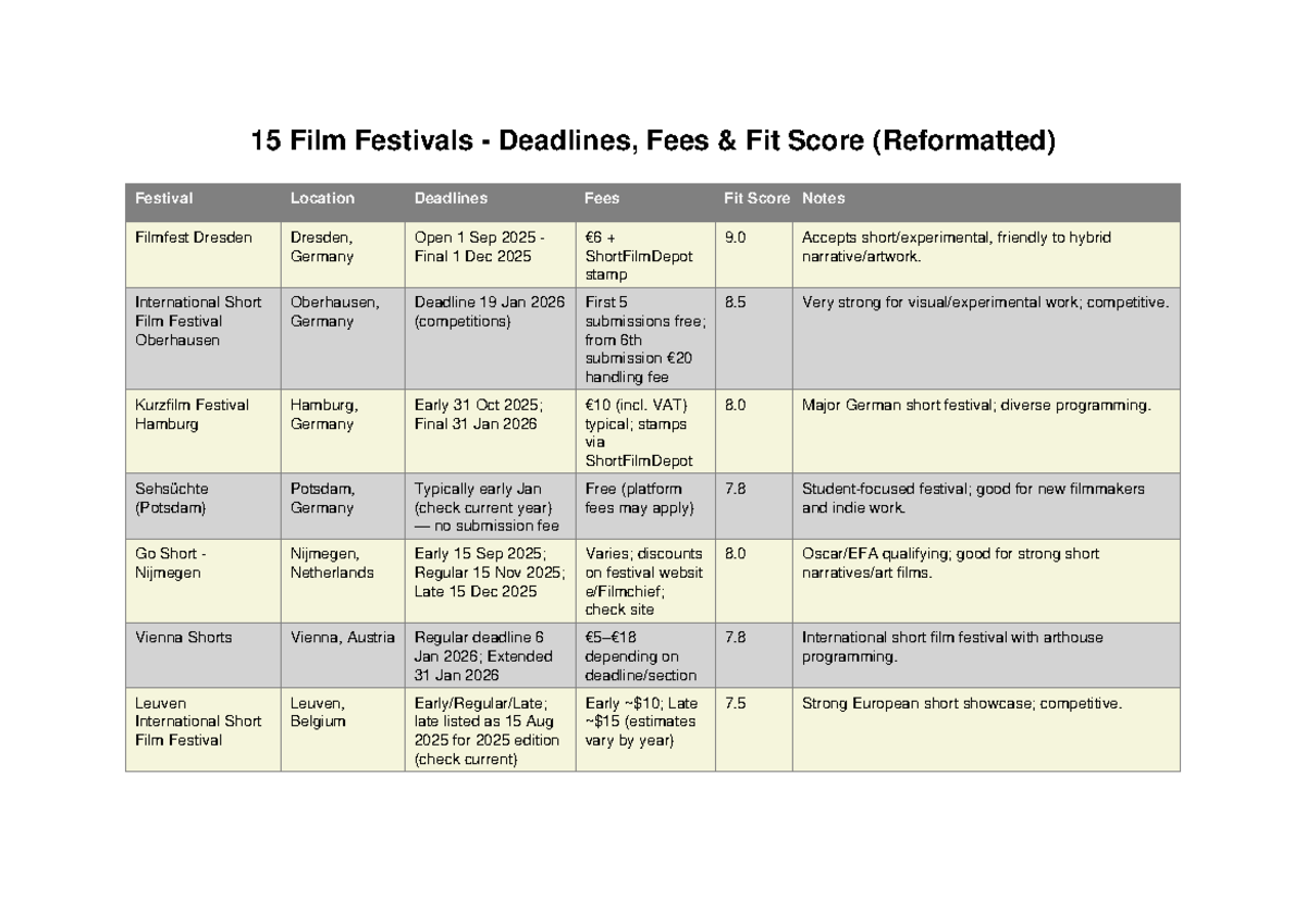 15 Film Festivals Deadlines & Fees Fit Score Overview - Studocu
