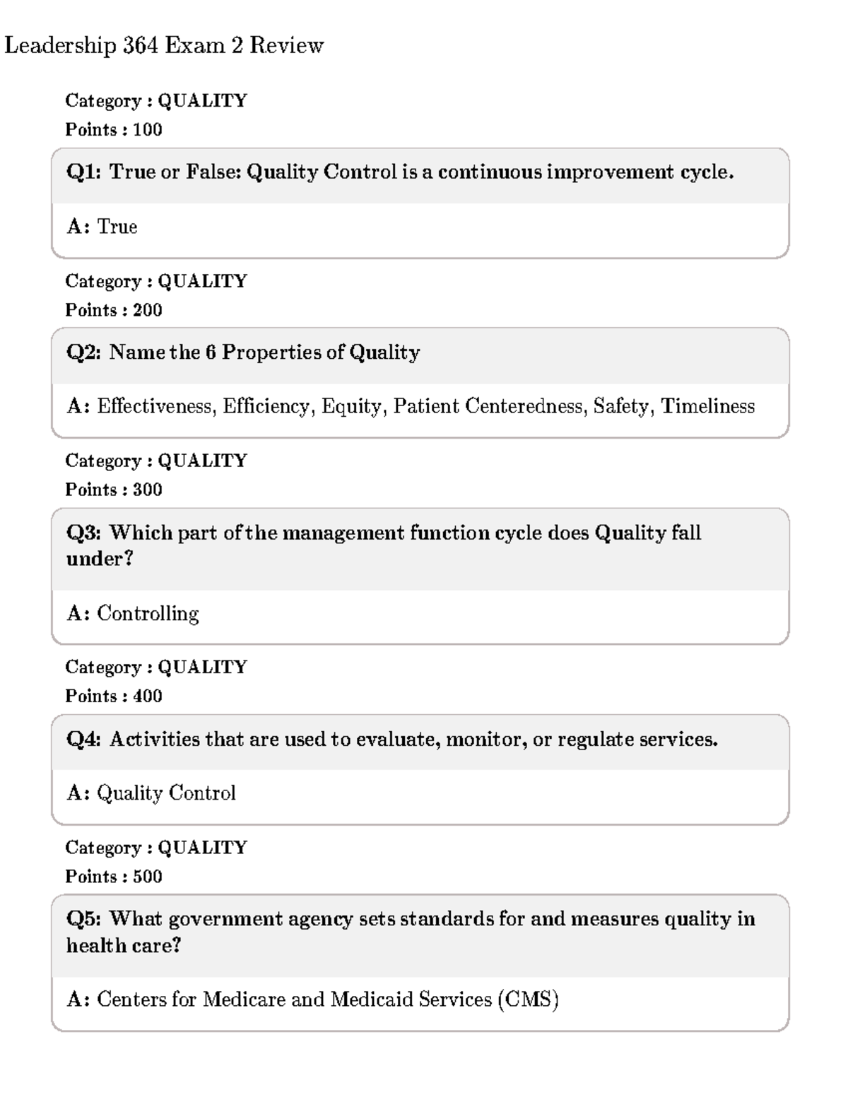 Leadership 364 Exam 2 Review: Quality & Organization Insights - Studocu