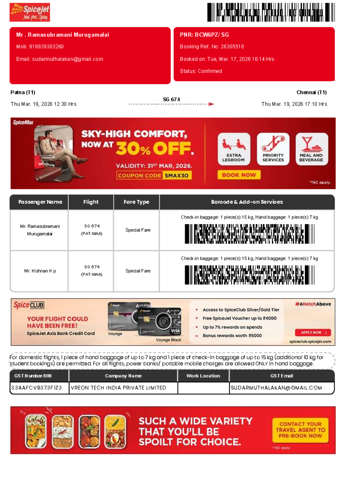SpiceJet Ticket Confirmation - SG 674 - Mar 19, 2026 - Studocu