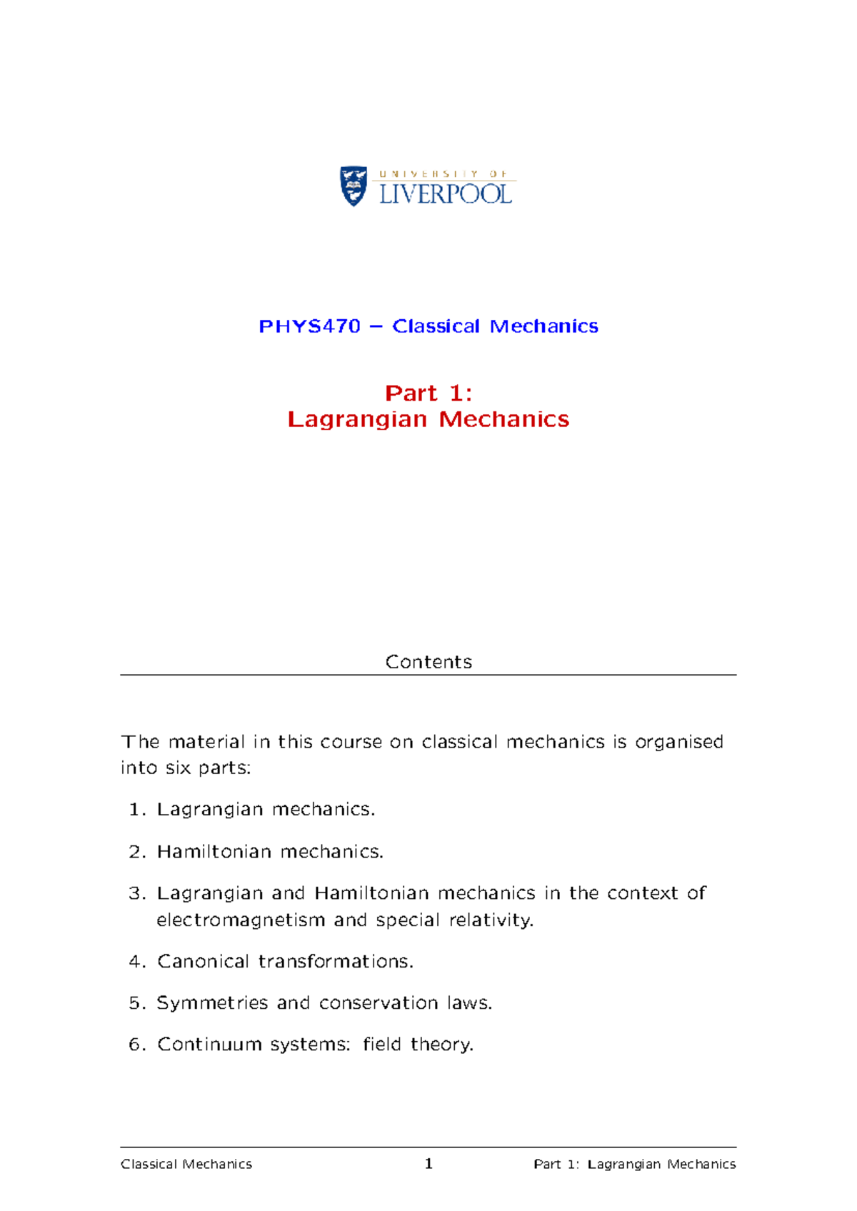 PHYS470 - Classical Mechanics: Lagrangian Mechanics Overview - Studocu