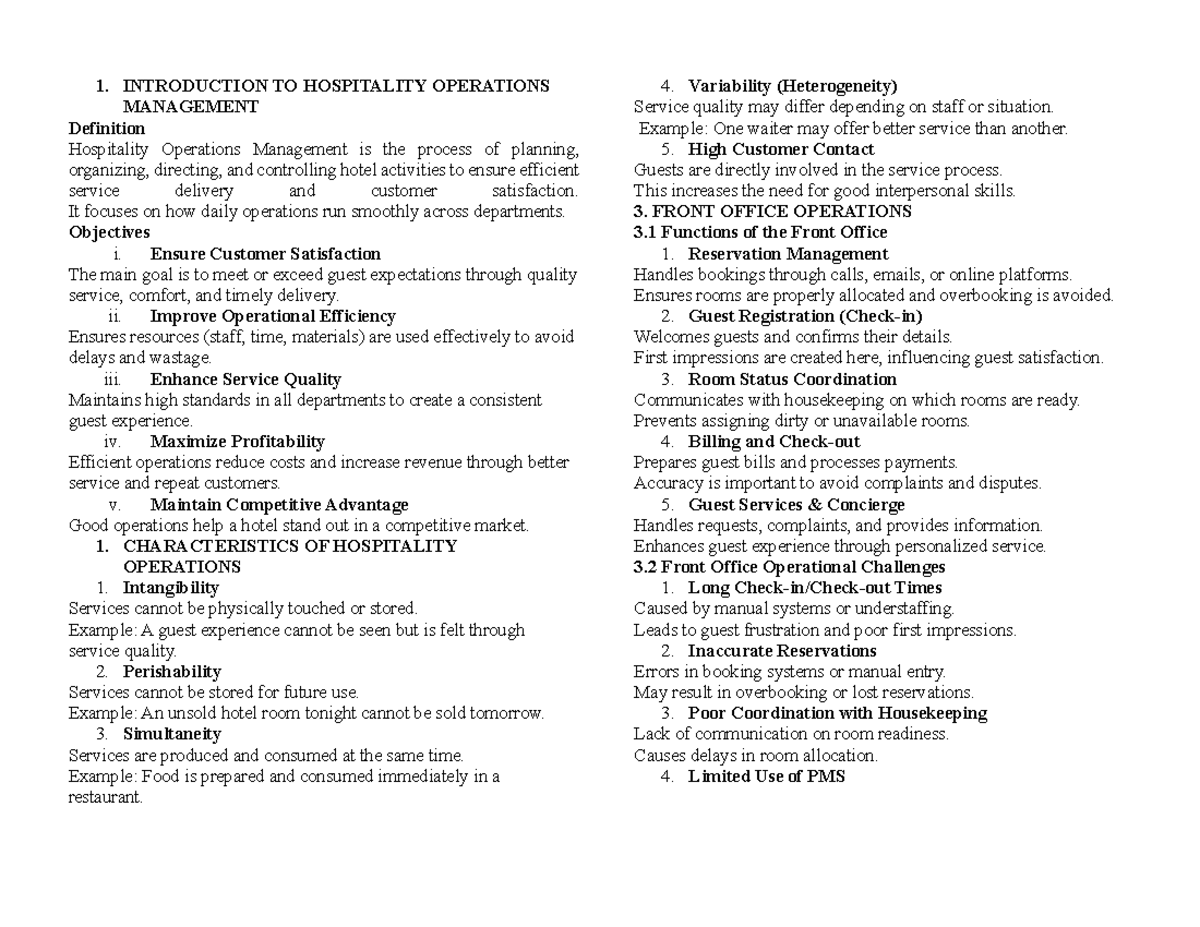 HOSP 101: Summary of Hospitality Operations Management Concepts - Studocu