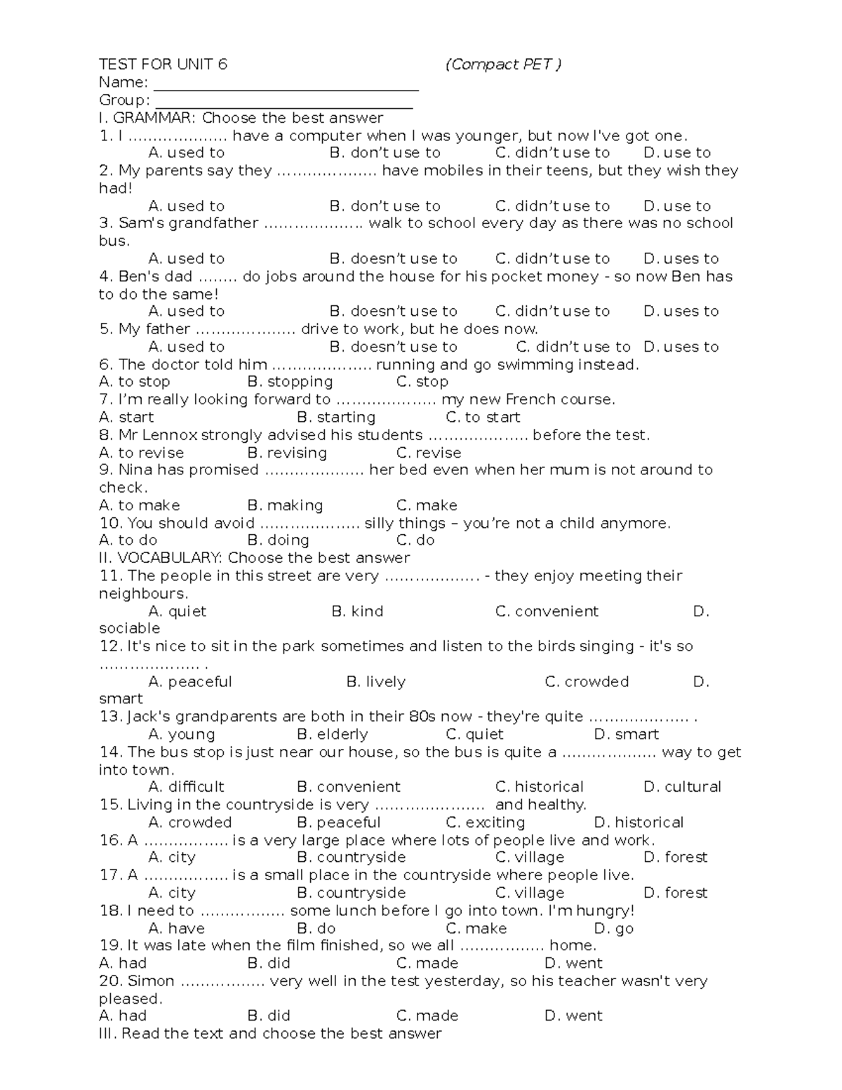 Test for unit 6 (Compact PET): Grammar and vocabulary exercises - Studocu