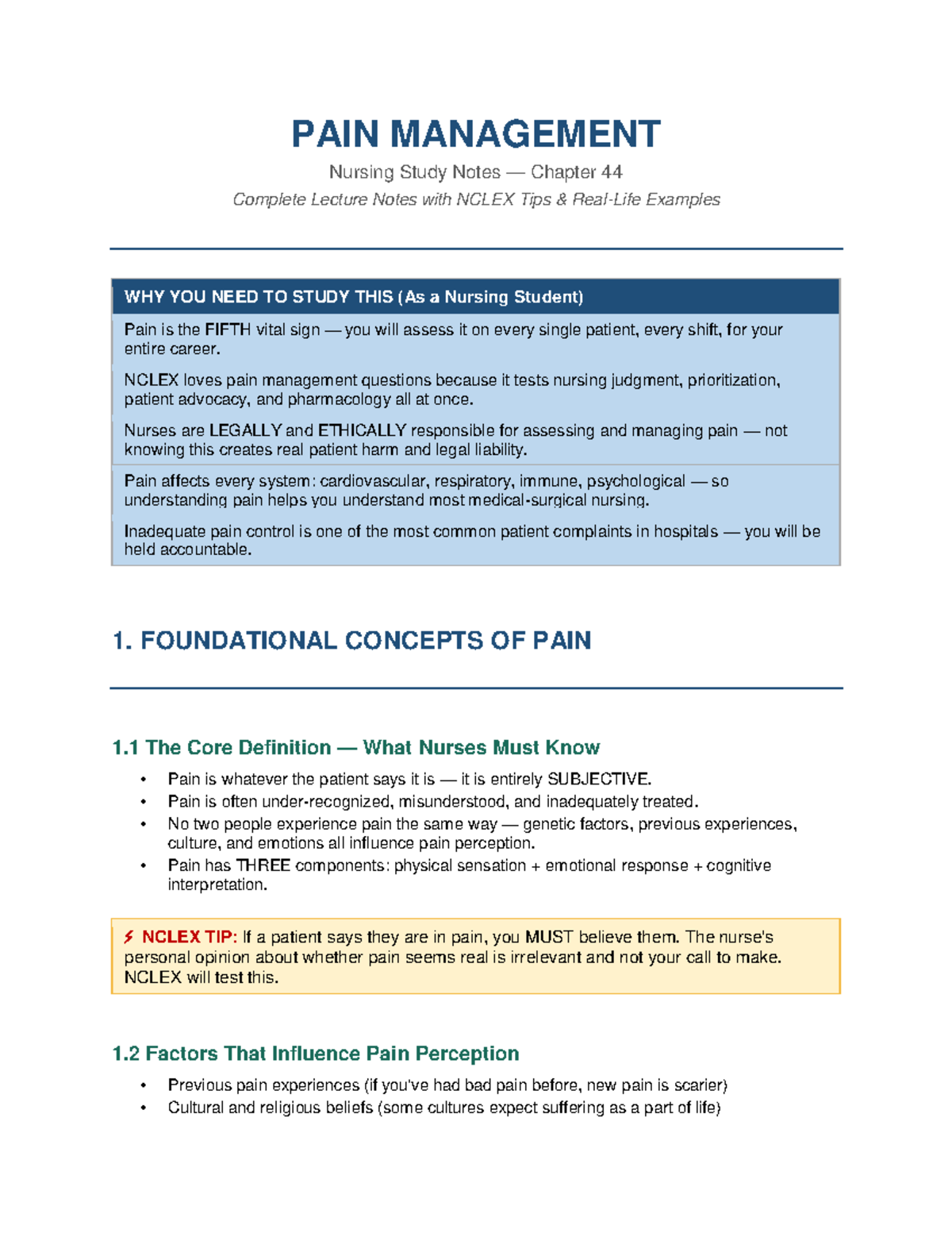 PAIN MANAGEMENT Nursing Study Notes: Chapter 44 Lecture & NCLEX Tips ...