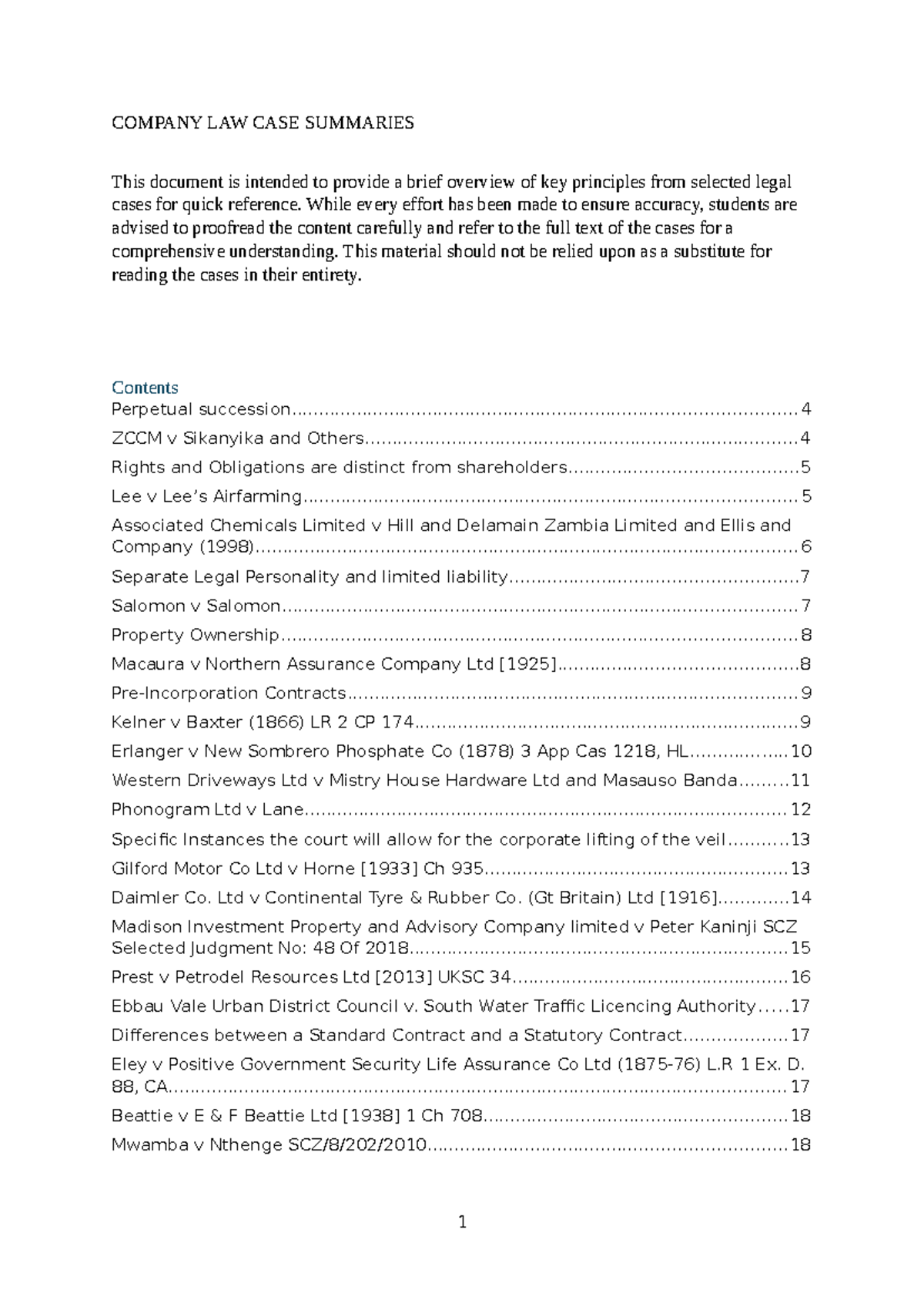 COMPANY LAW CASE SUMMARIES: Key Legal Principles and Cases - Studocu