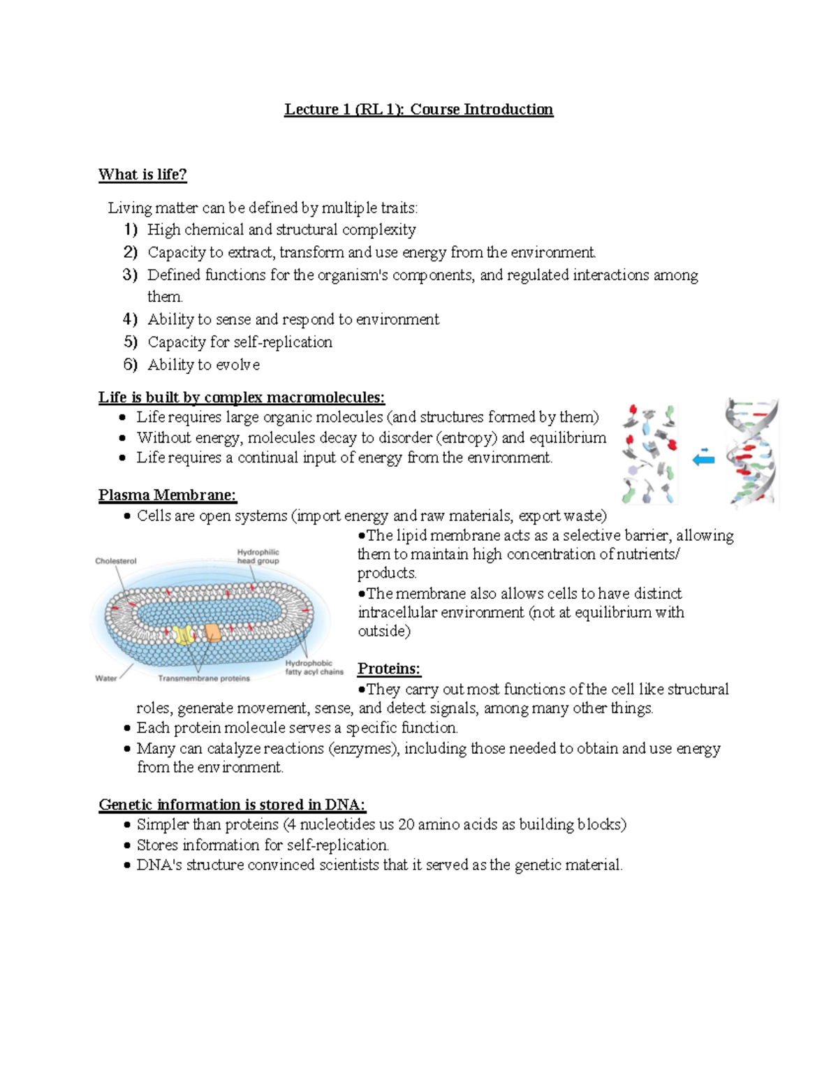 BIOL 200 RL1: Lecture 1 - Introduction to Life and Cells - Studocu
