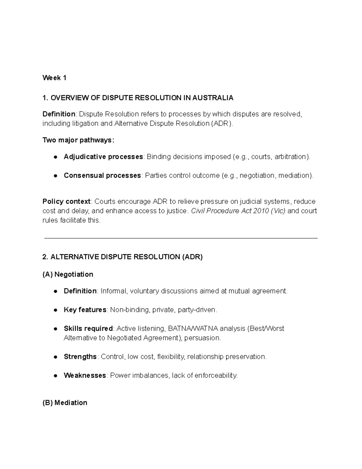 Dispute Resolution Overview: Week 1 Notes (LAW101) - Studocu