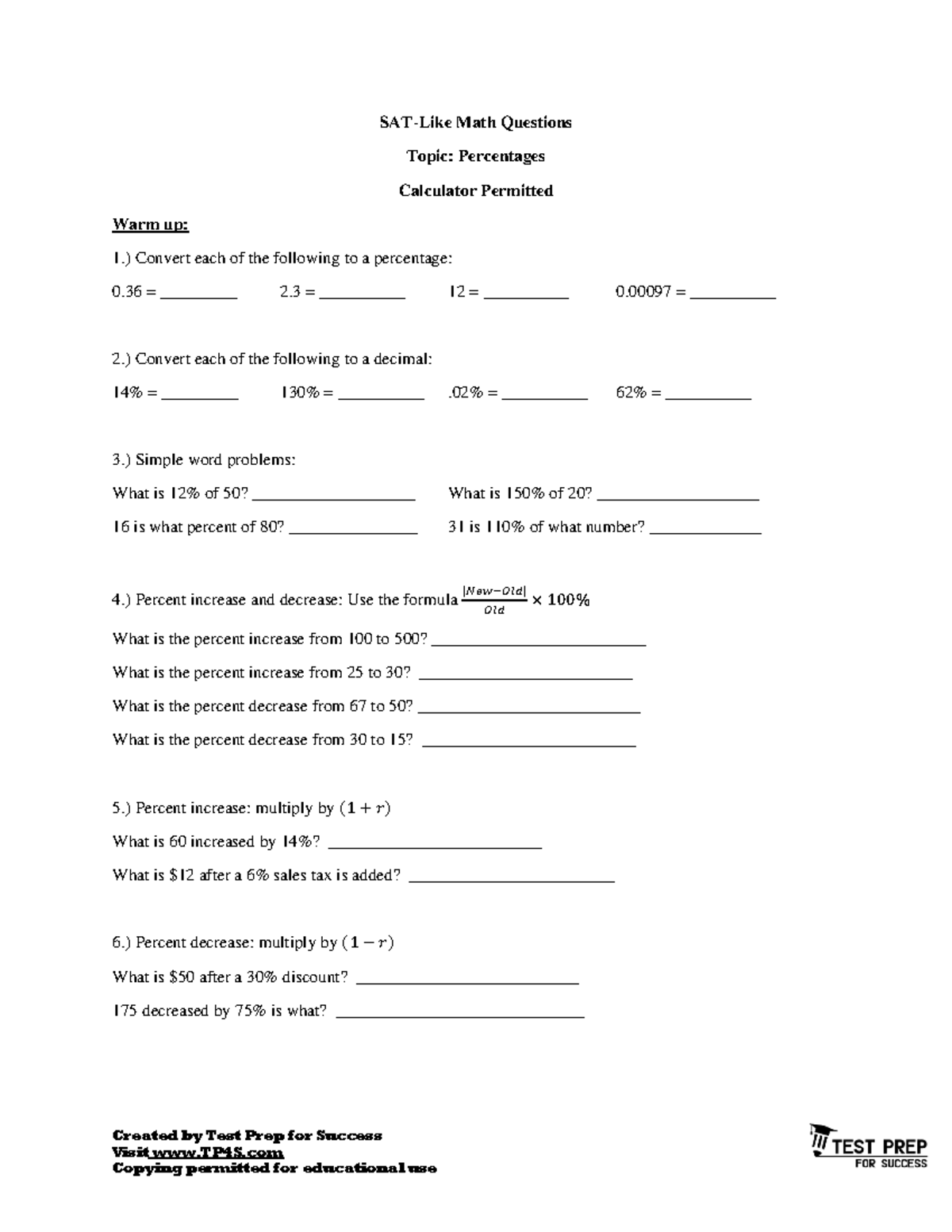 SAT Math Practice: Percentage Questions and Solutions - Studocu