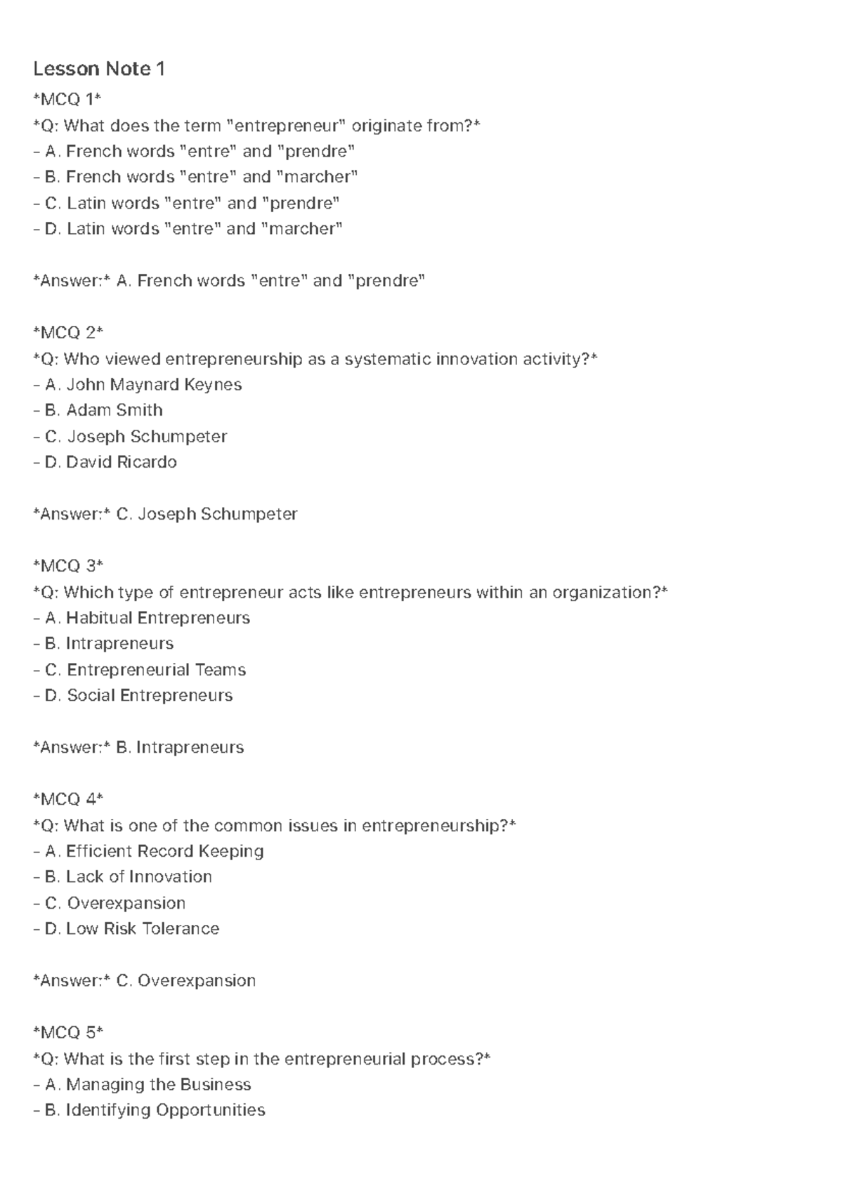 ENT 211 Lesson Notes: MCQ Practice Questions on Entrepreneurship - Studocu
