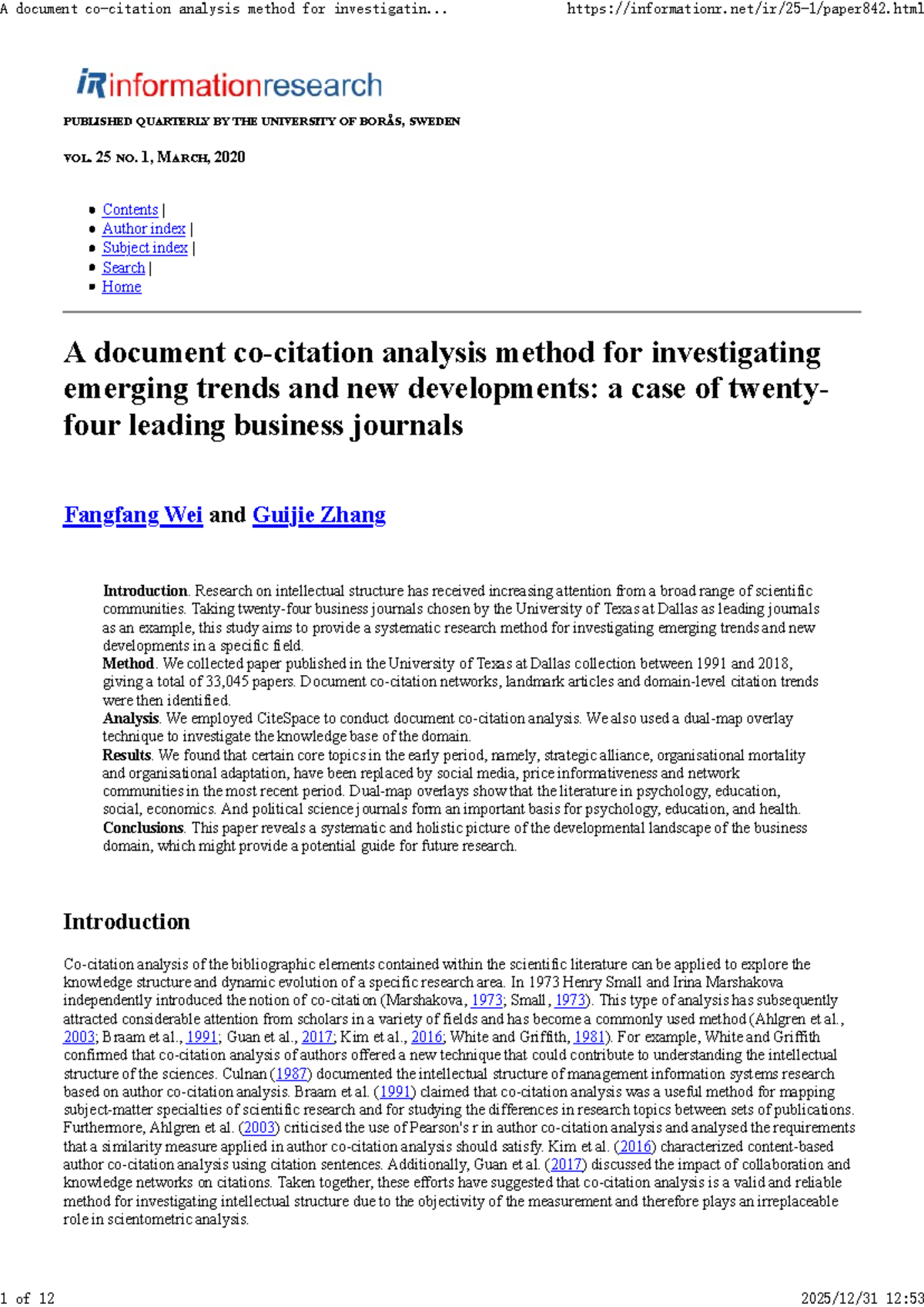 A Document Co-Citation Analysis Method for Emerging Trends in Business ...