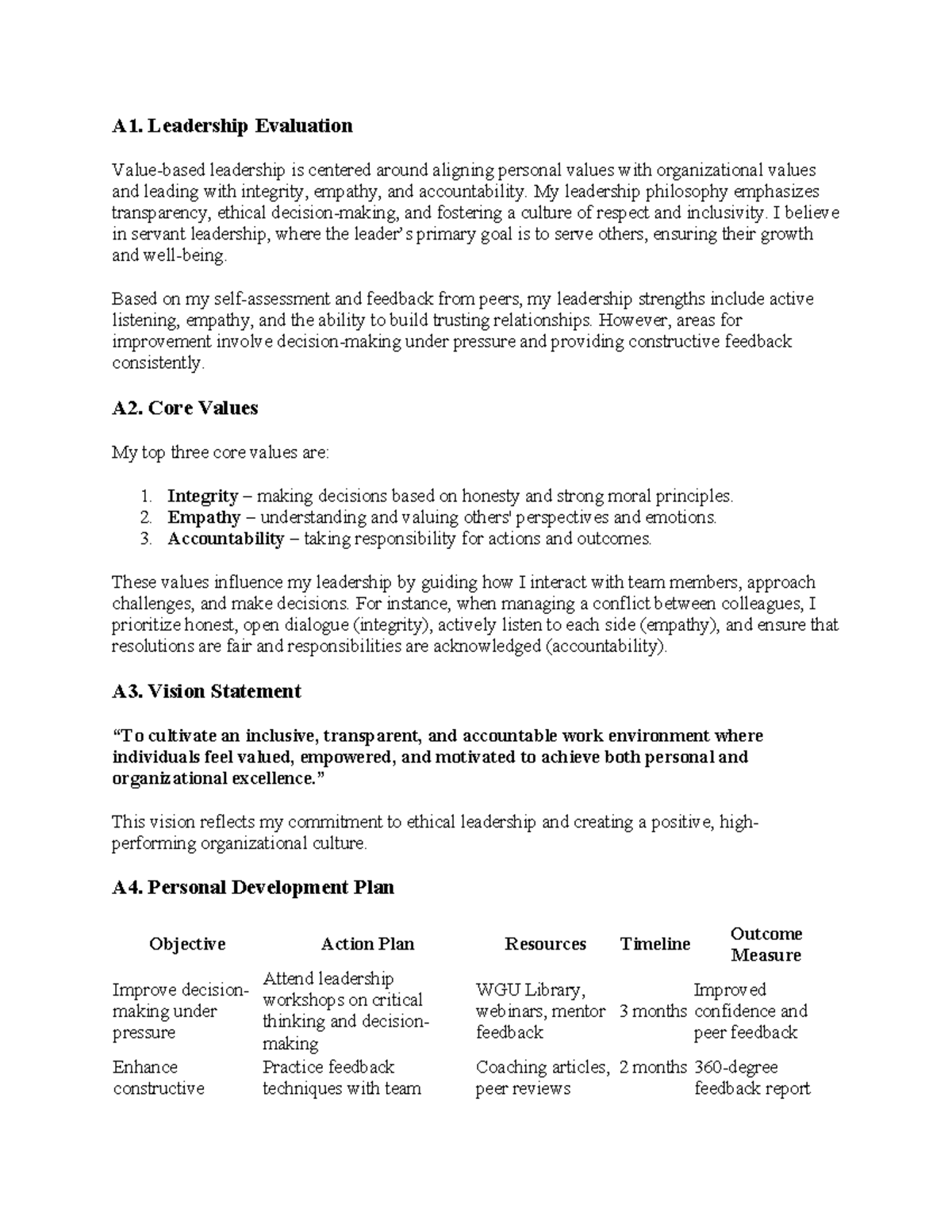WGU D273 Task 1 - Leadership Evaluation and Personal Development Notes ...