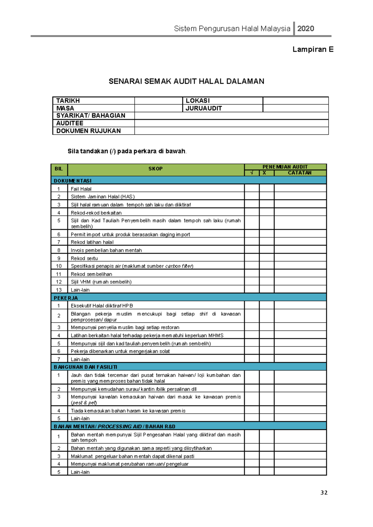 Audit dalaman - Sistem Pengurusan Halal Malaysia 2020 32 Lampiran E ...