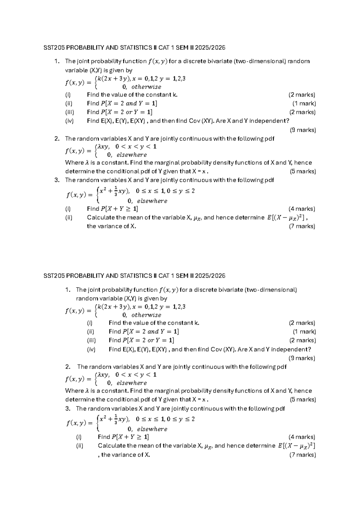 SST205 Probability and Statistics II CAT 1 SEM II Exam Review - Studocu