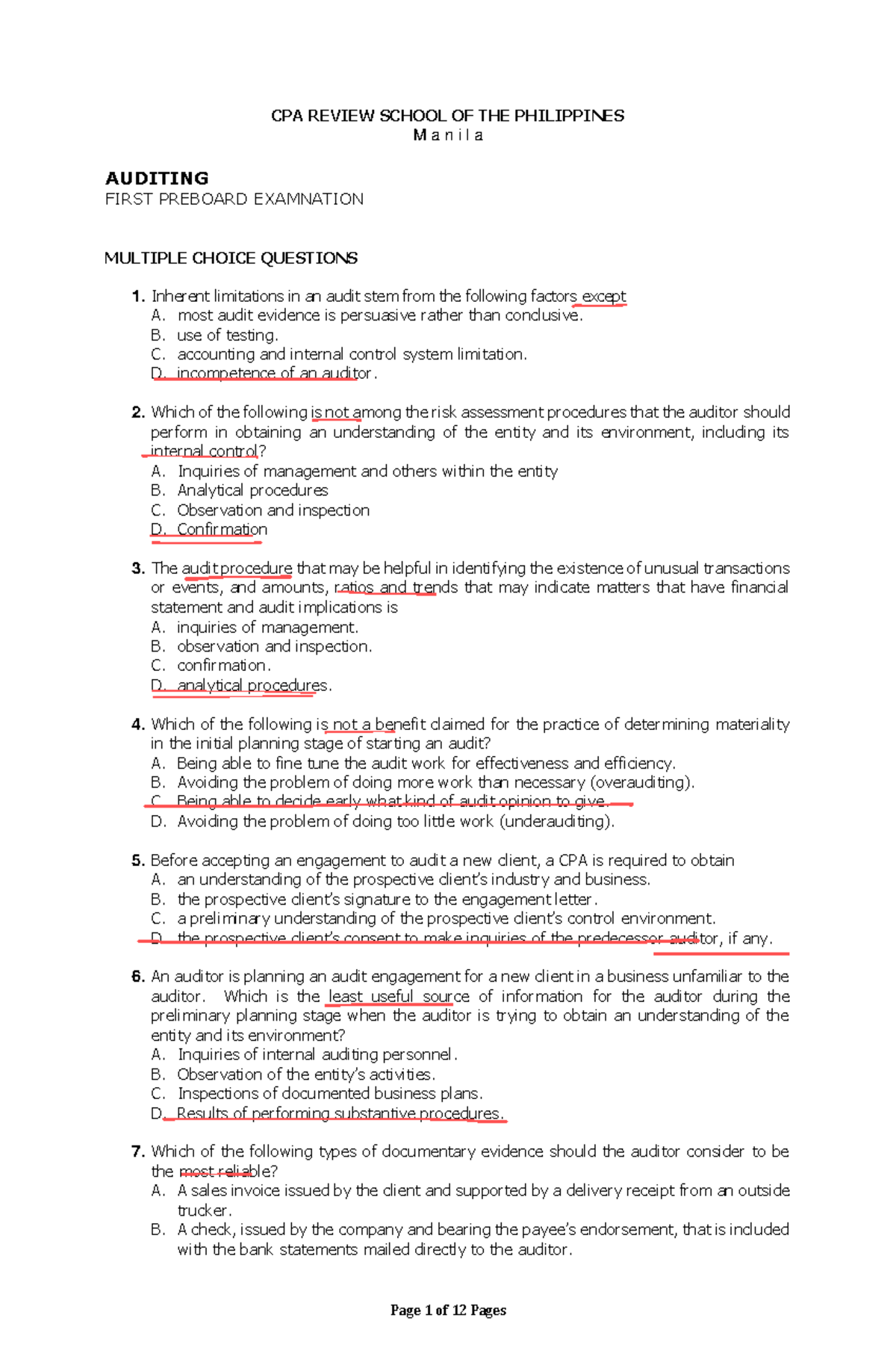 OCT2021-CPAR Auditing First Preboard Exam Multiple Choice Questions ...