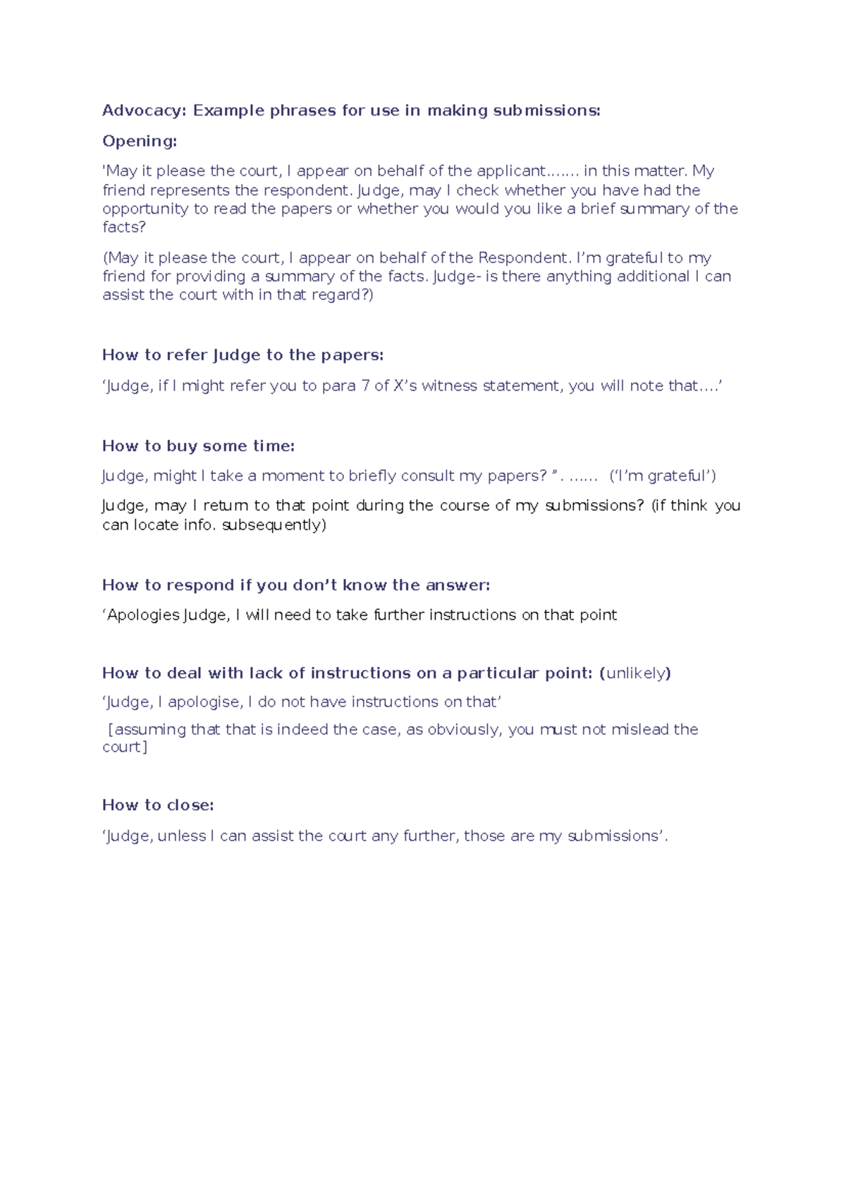 Advocacy: Example Phrases for Court Submissions - Studocu