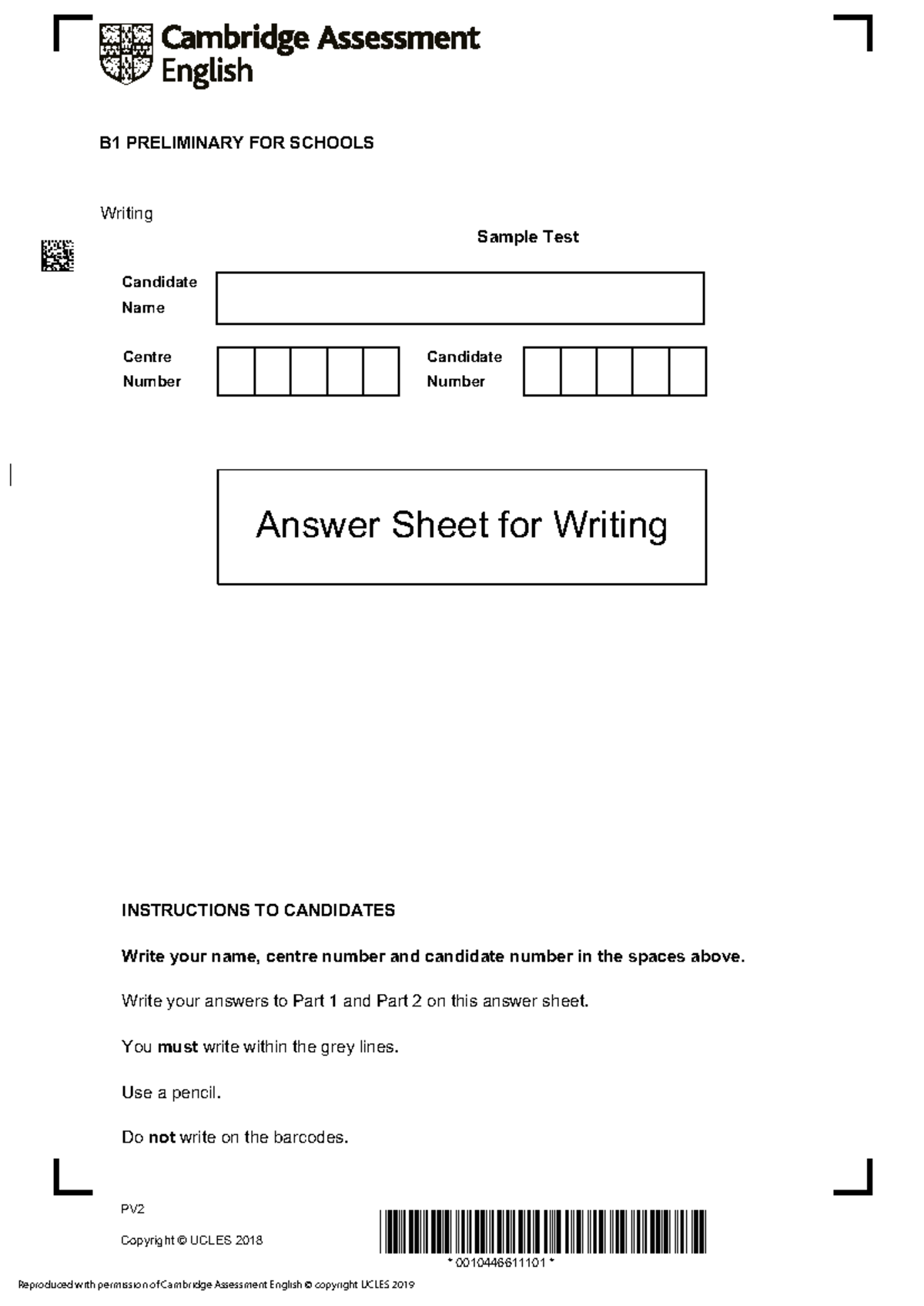 B1 PRELIMINARY FOR SCHOOLS Writing Sample Test Answer Sheet - Studocu