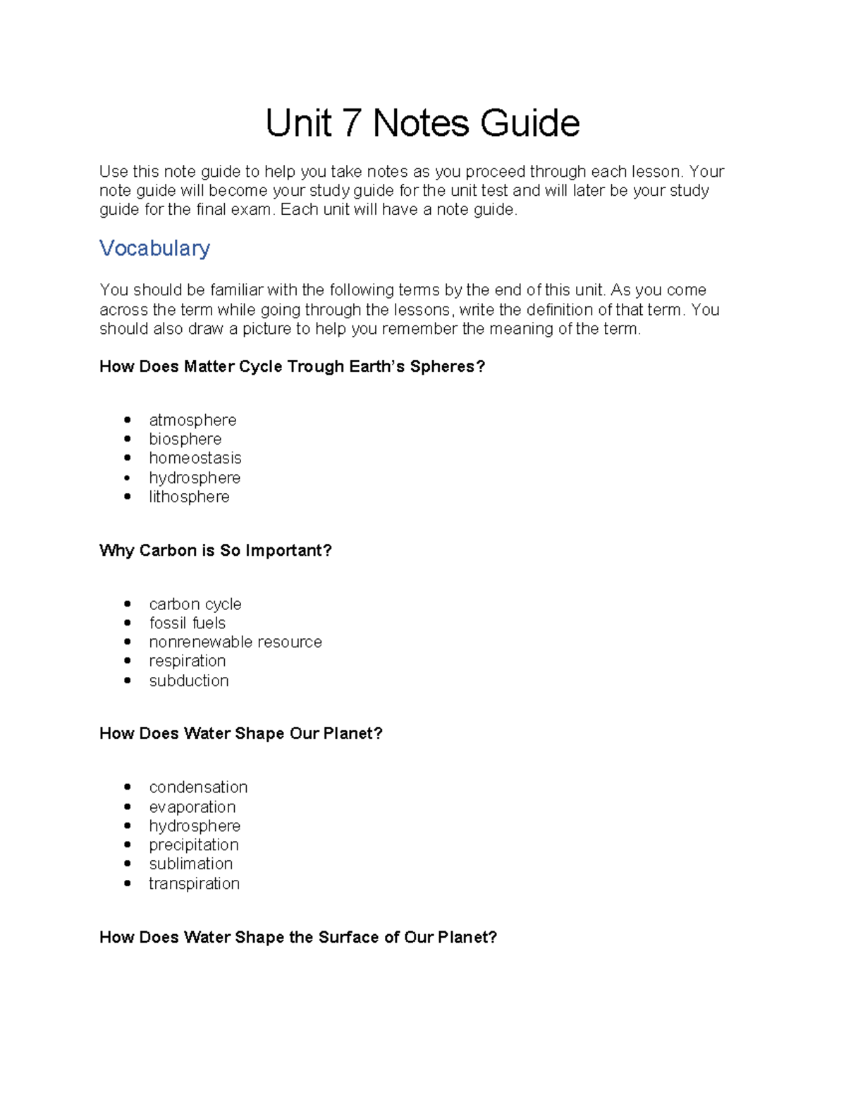Unit 7 Study Guide: Earth Systems & Water Cycle Concepts - Studocu