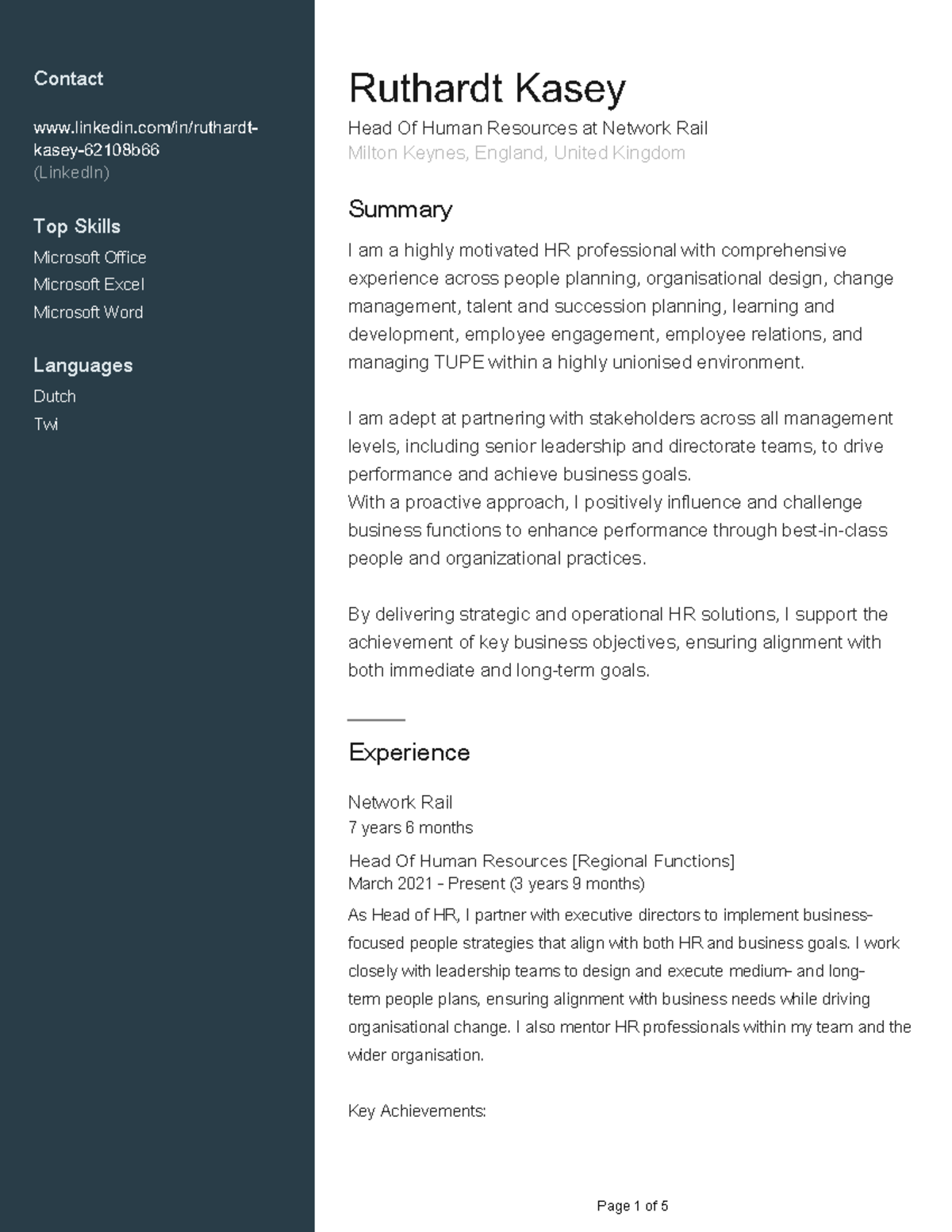 Ruthardt Kasey HR Profile - Network Rail Leadership Experience - Studocu