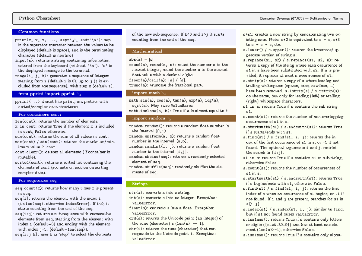 Python Cheatsheet: Key Functions and Operations (07JCJ) - Studocu
