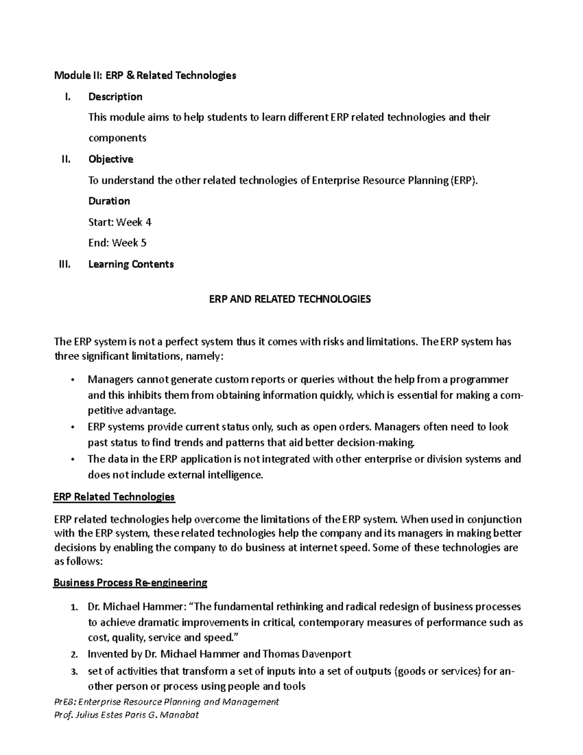 Module II: ERP Related Technologies Overview - PrE8 Notes - Studocu