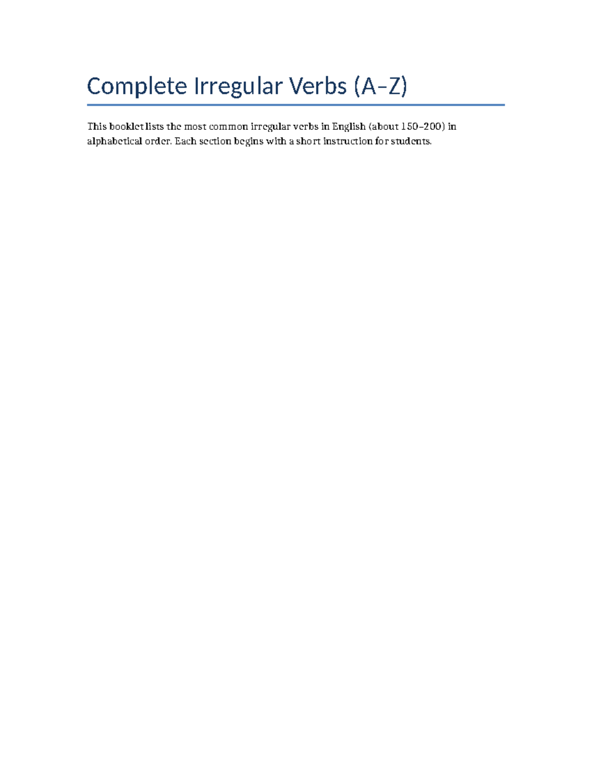 Irregular Verbs A-Z Study Guide for English Learners - Studocu