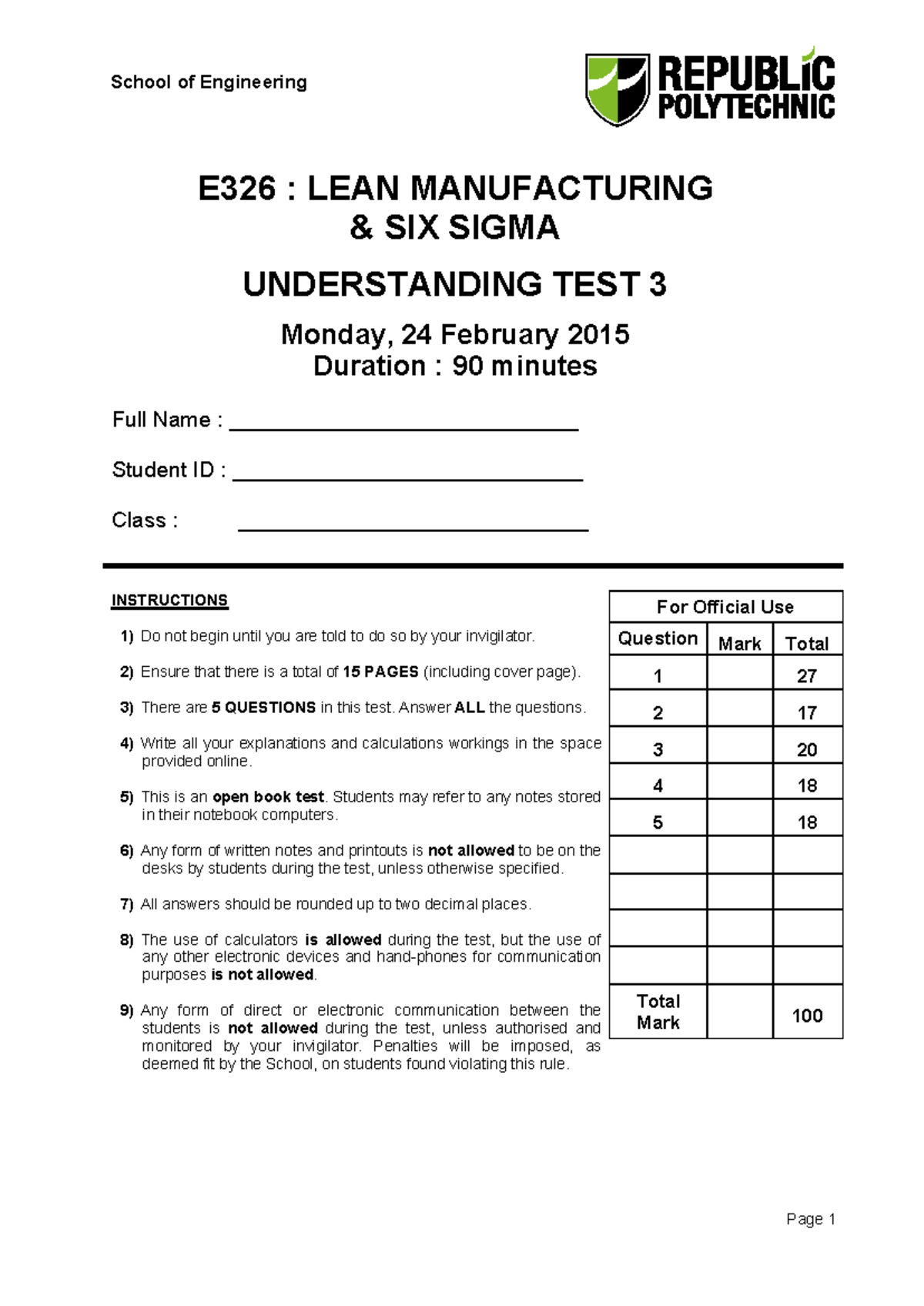 E326 Lean Manufacturing & Six Sigma Understanding Test 3 Practice Paper ...
