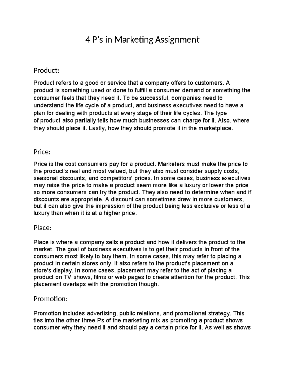 MKT 101: 4 P's of Marketing Assignment Overview - Studocu