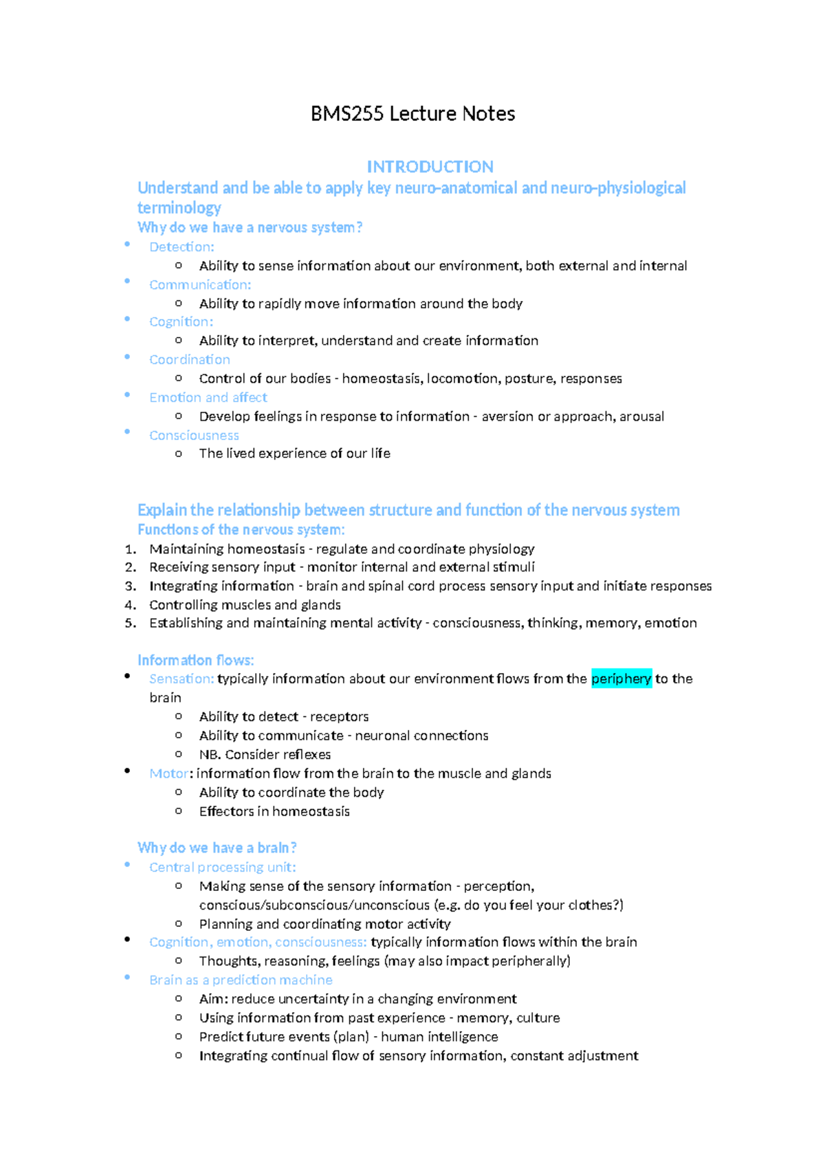 BMS255 Lecture Notes: Understanding the Nervous System Functions and ...