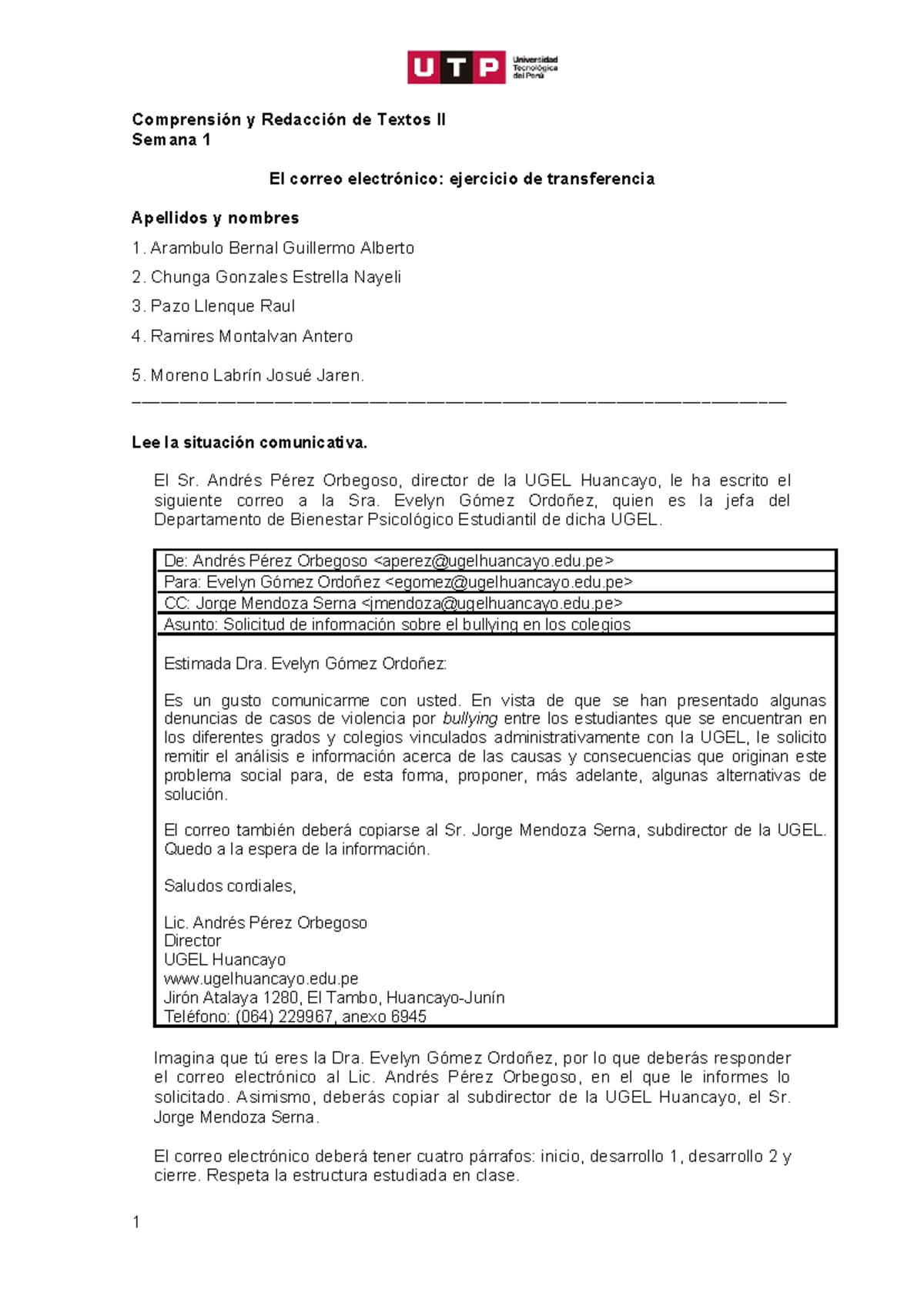 Correo Electrónico sobre Bullying - Comprensión y Redacción II - Studocu
