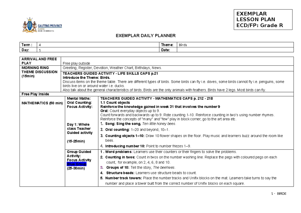 EXEMPLAR LESSON PLAN Grade R TERM 4: WEEK 2 - BIRDS ACTIVITIES - Studocu