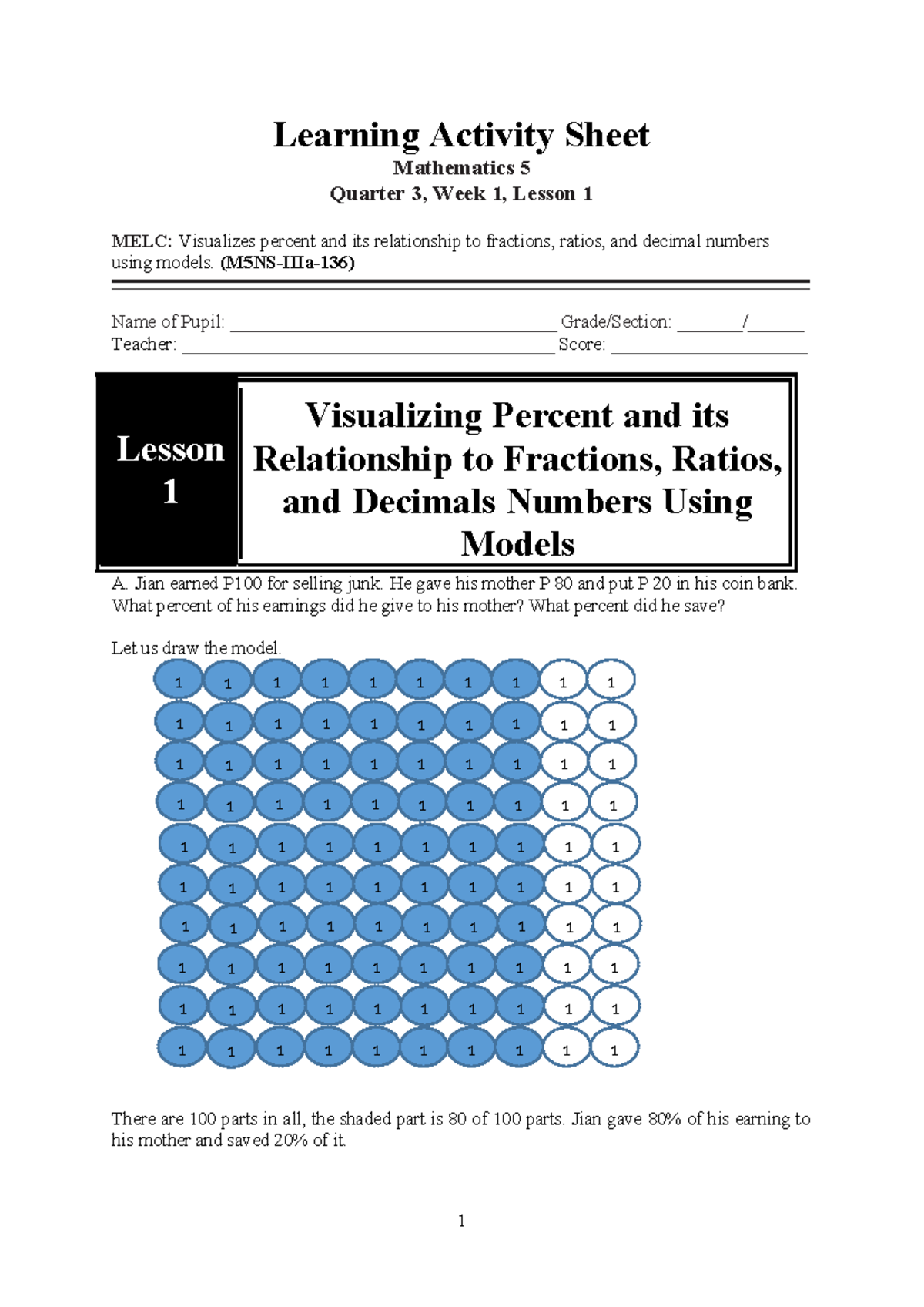 MATH 5 Q3 Week 1 Lesson 1: Visualizing Percentages & Fractions - Studocu