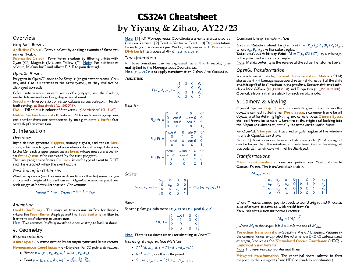 CS3241 Final Exam Cheatsheet: Graphics Basics & OpenGL Overview - Studocu