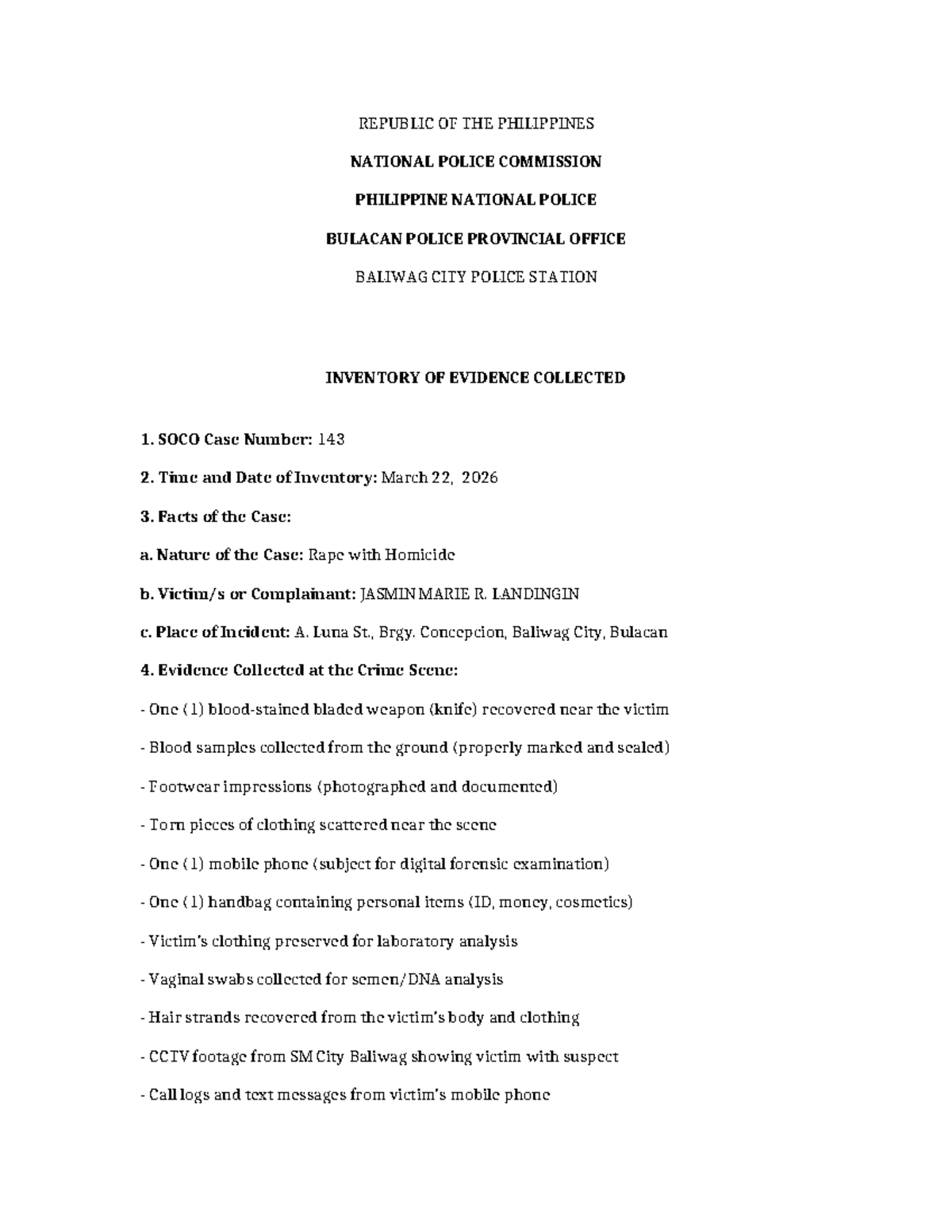Evidence Inventory Report: SOCO Case No. 143 - Rape with Homicide - Studocu