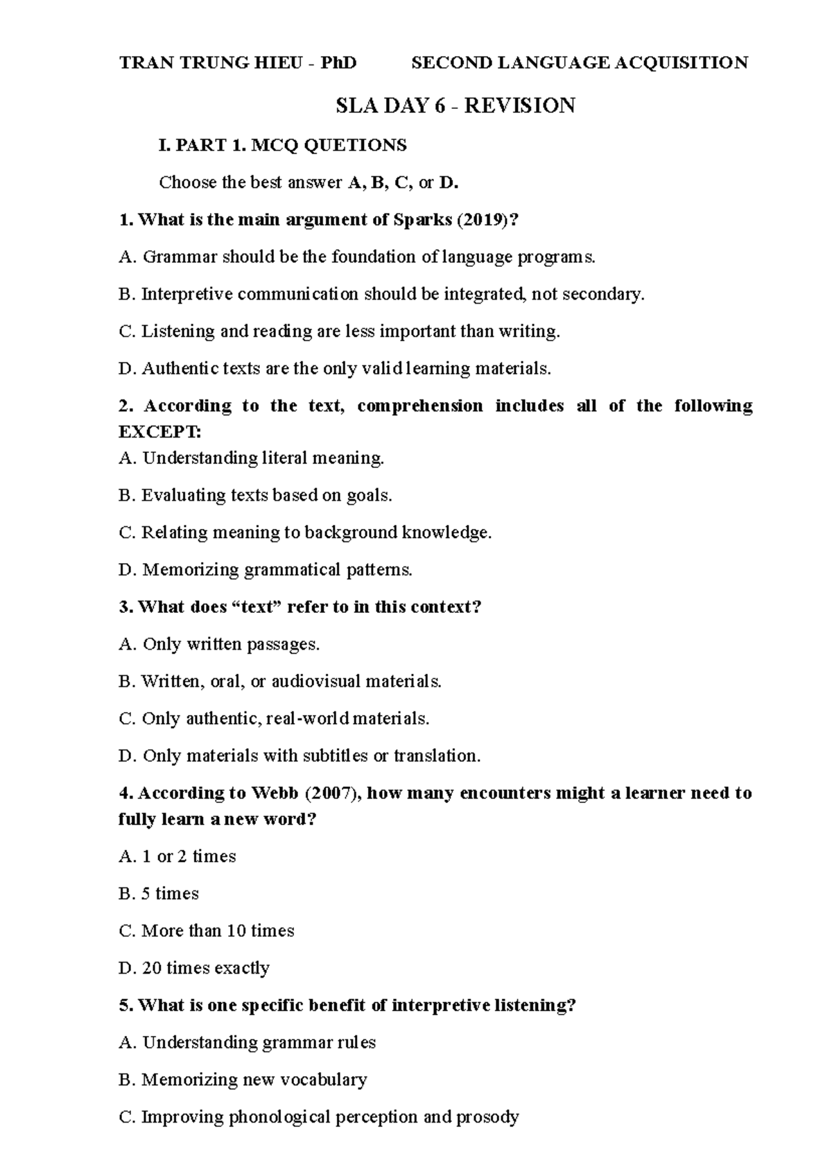 SLA Day 6 Revision: MCQ Questions & Answers Guide - Studocu