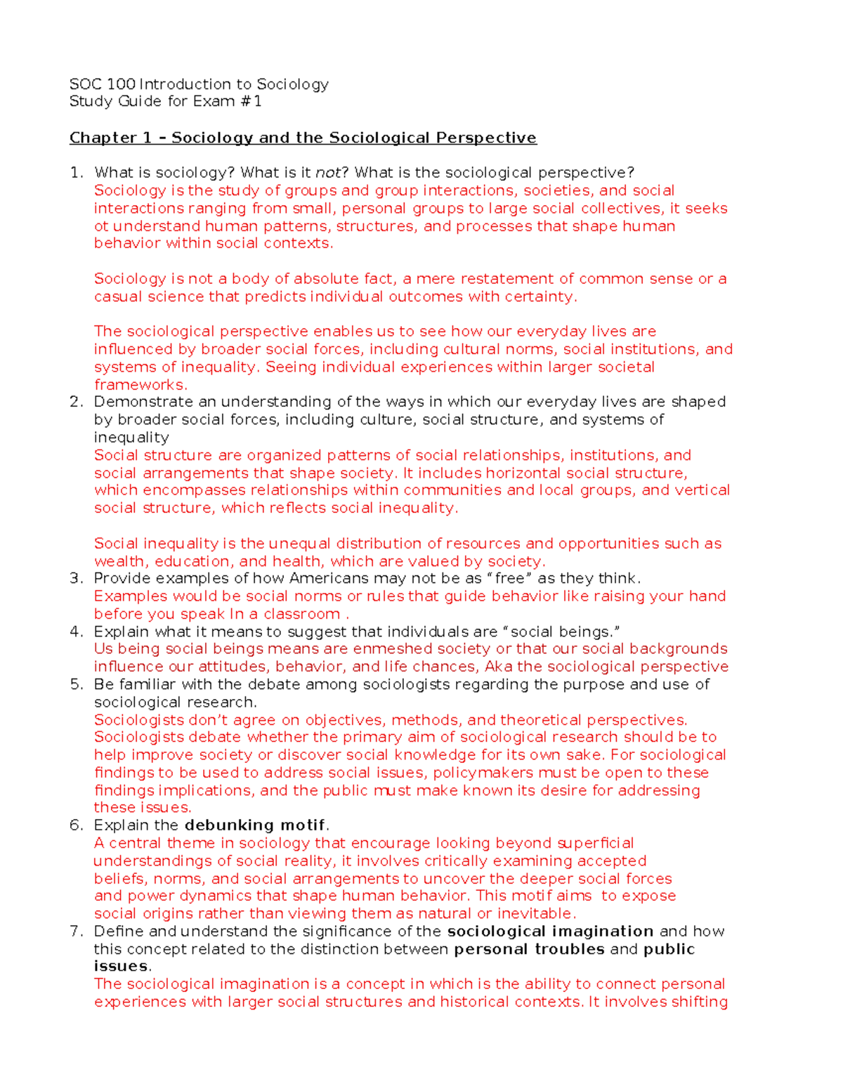 SOC 100 Study Guide for Exam #1: Key Concepts in Sociology - Studocu